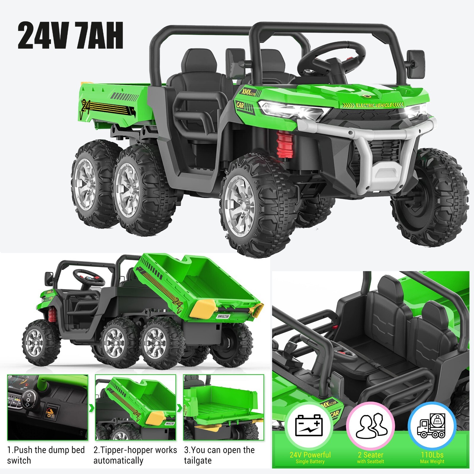 24V Kids 2 Seater Ride on Car Electric Dump Truck 4WD Power Wheels w/Remote MP3