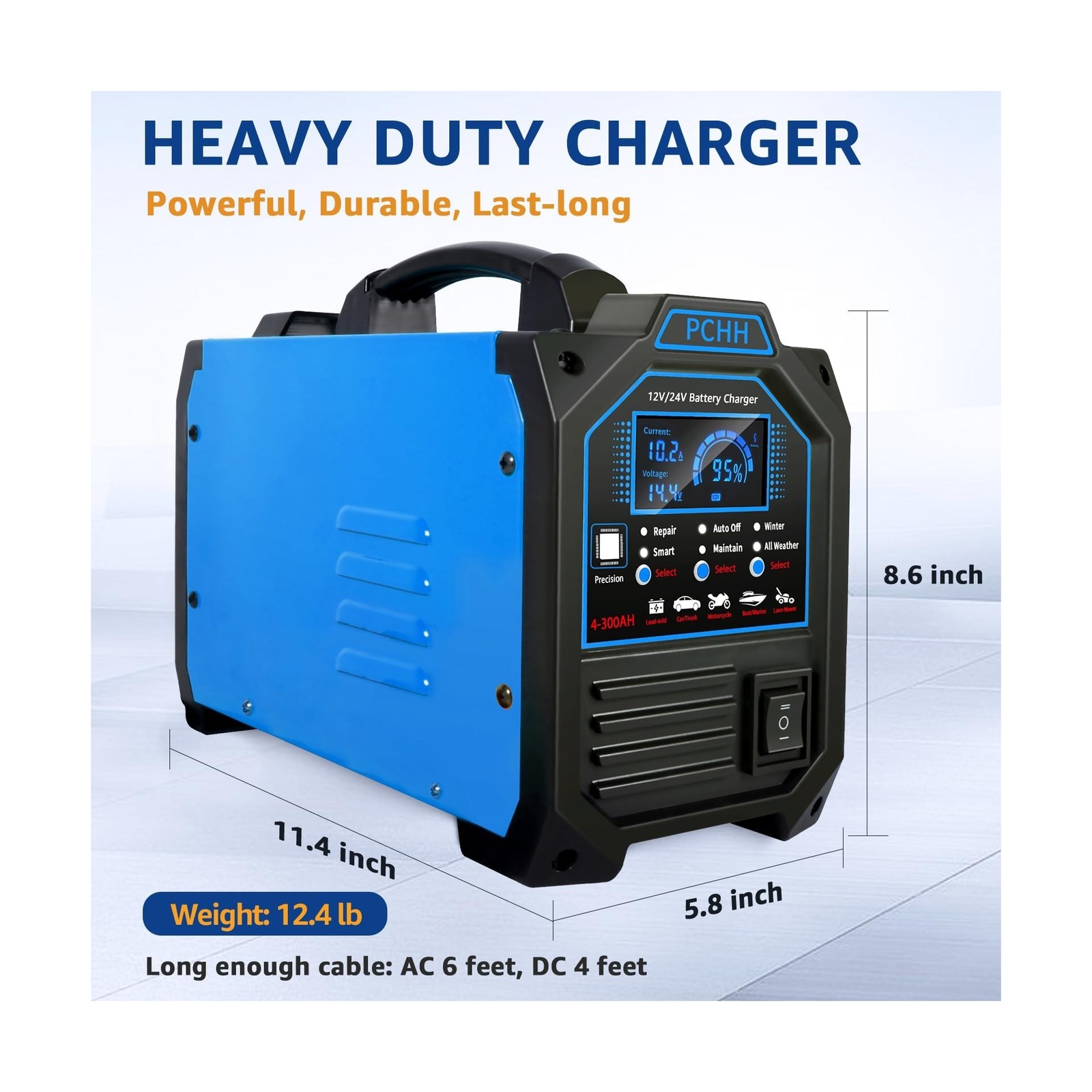 PCHH 12V 24V Car Battery Charger Heavy Duty, 0-15A Automatic Battery Maintain…