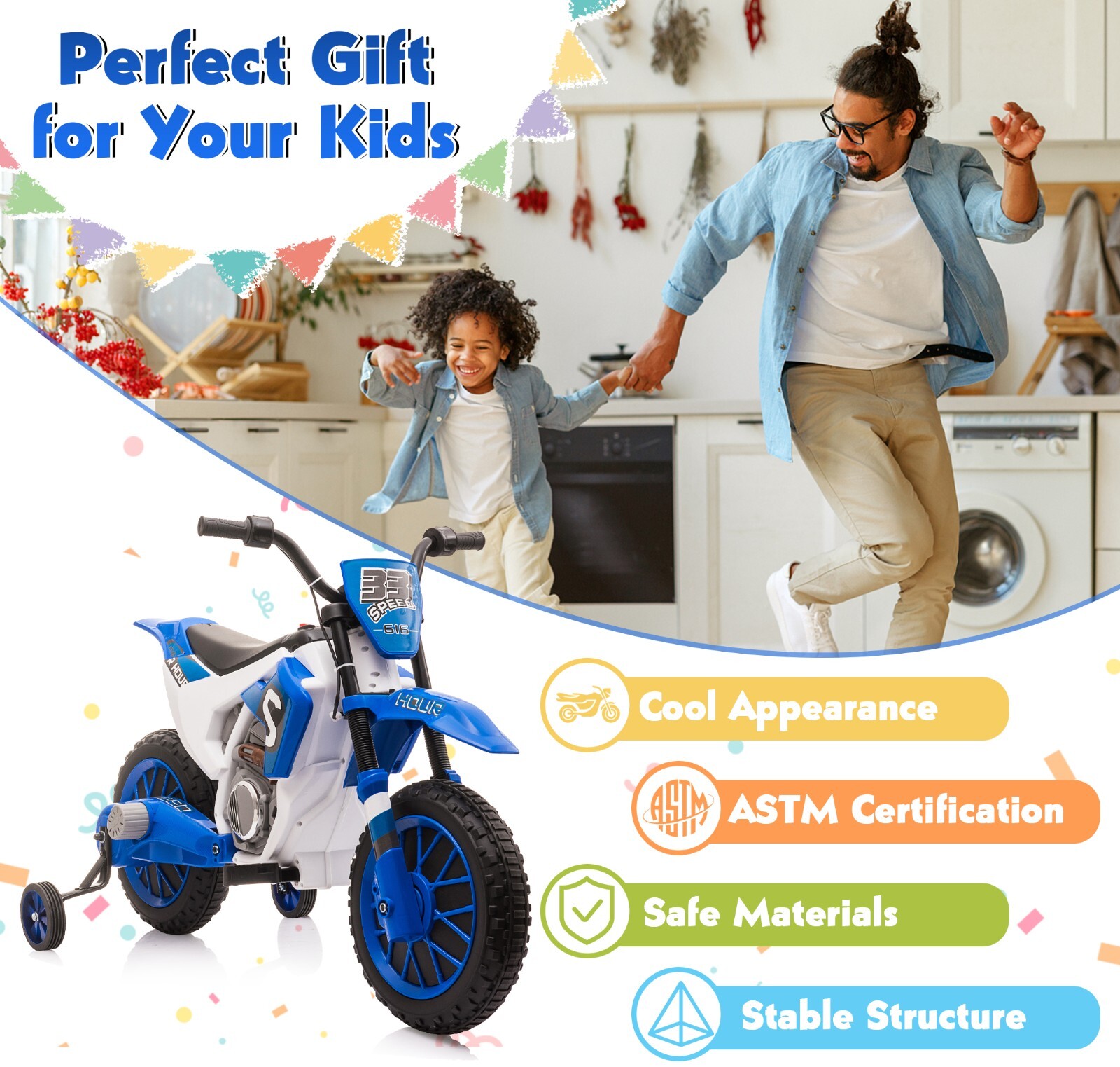 TOBB Electric 12V Blue Kids Ride On Motorcycle Bike Motorbike w/ Training Wheels