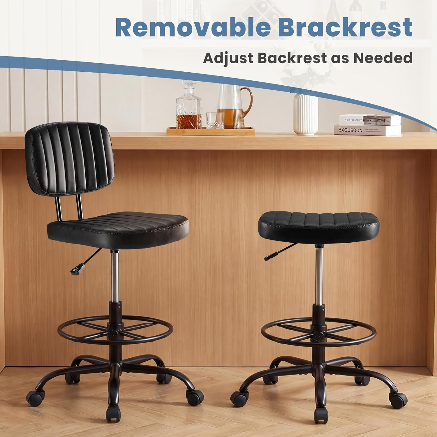 Armless Drafting Chair, Low Back Office Seat with Adjustable Footrest Ring for S