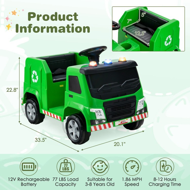 12V Battery Ride On Toy Recycling Garbage Truck Gift Kids With Warning Lights