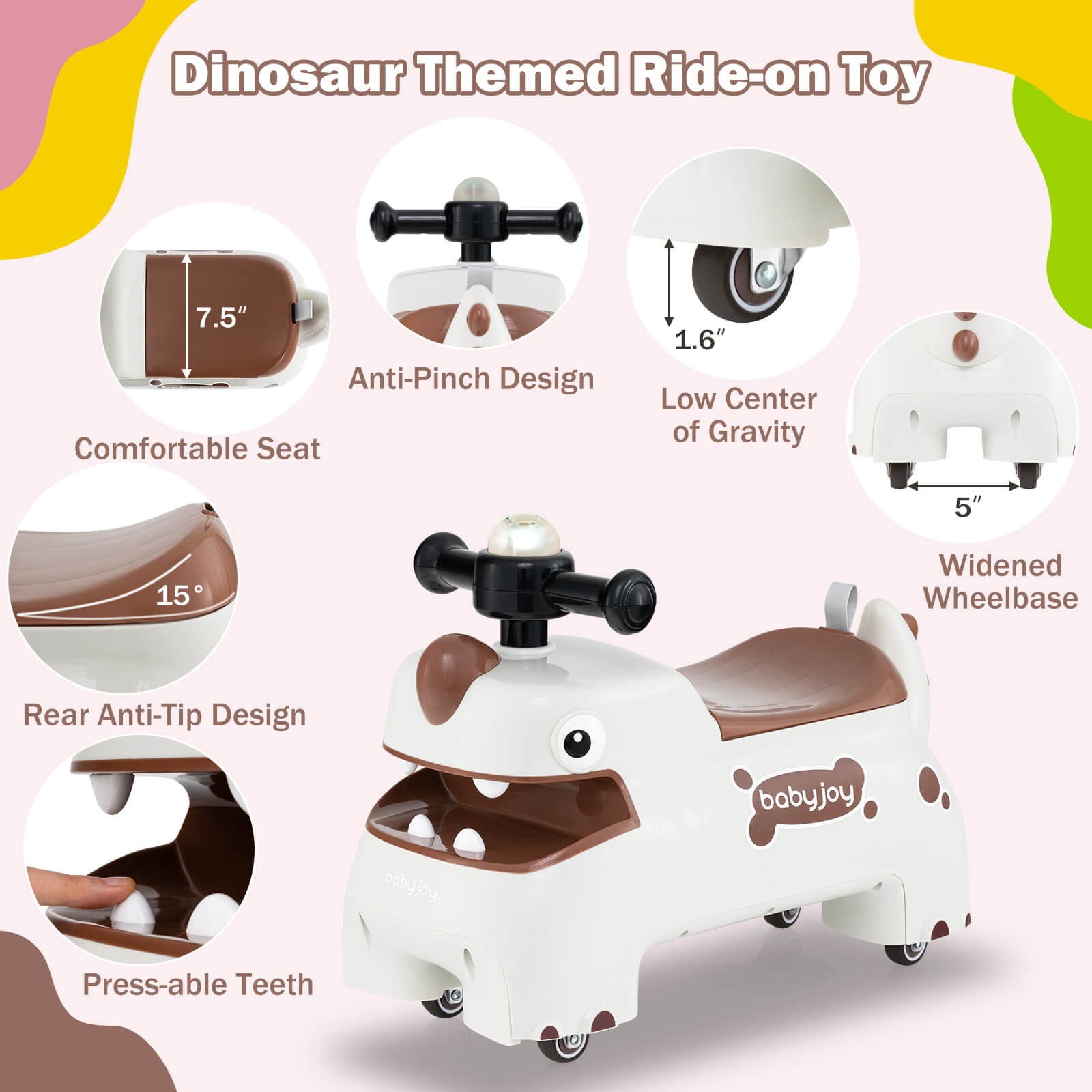 Ride on Toy Baby Dinosaur Sliding Car w/ 4 Universal Casters Under-Seat Storage