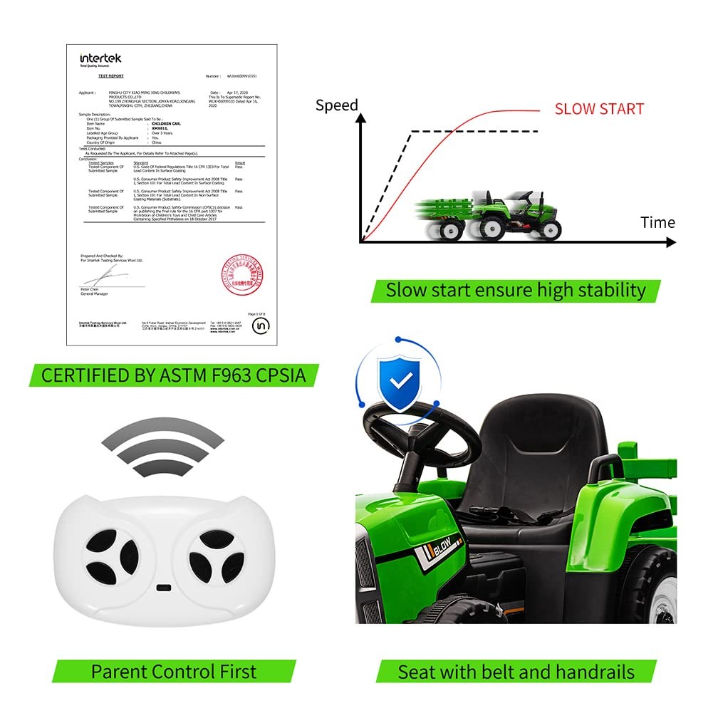 12V Battery Powered Electric Tractor with Trailer, Toddler Ride On Car w/Remote