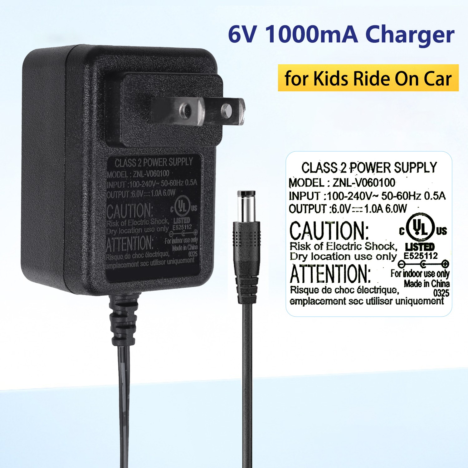 6V Battery Charger for Ride On Toys, 6 Volt Ride On Cars Jeep SUV Power Adapter