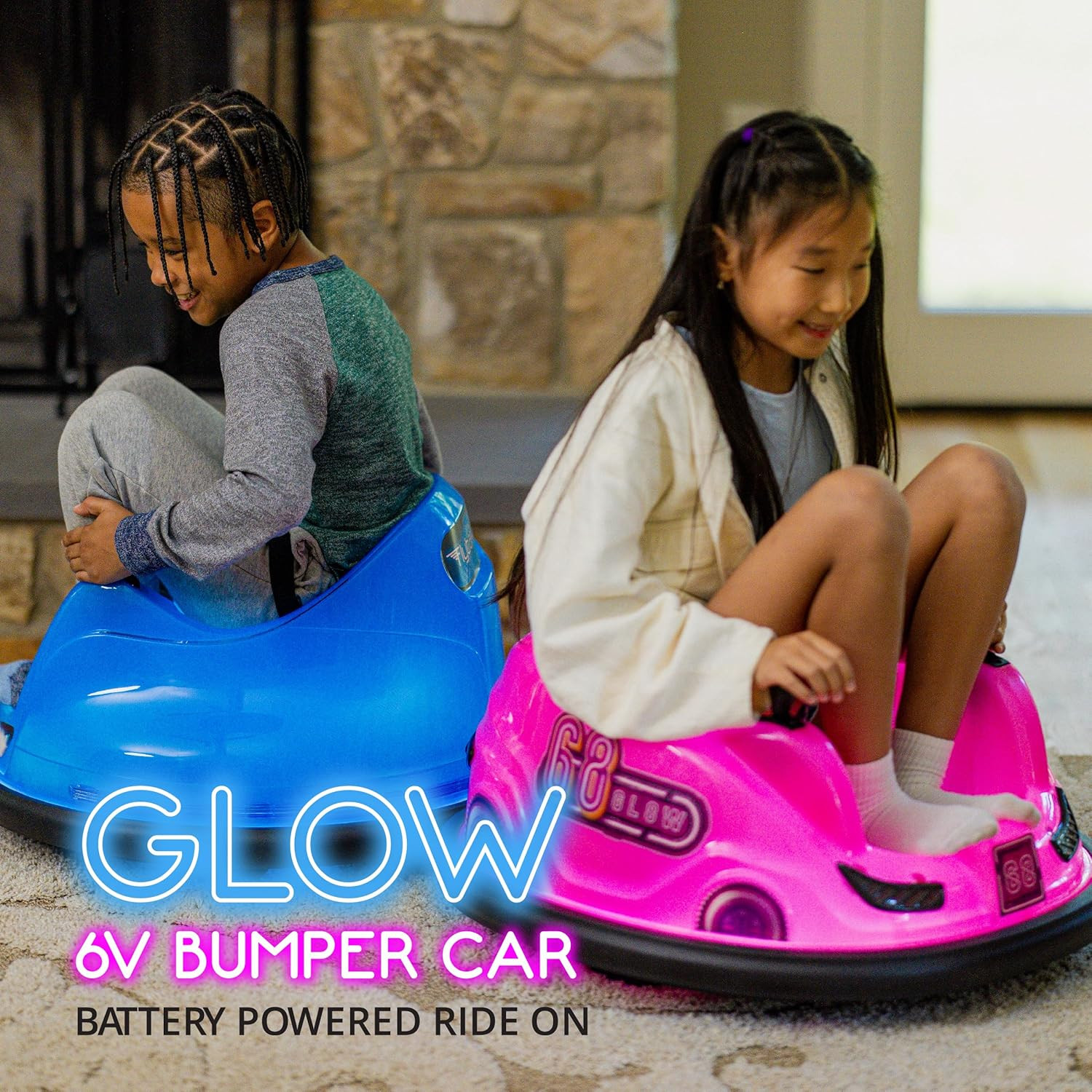 6V Blue Glow Bumper Car for Kids – LED Ride-On Toy with 360° Spin, Rechargeable