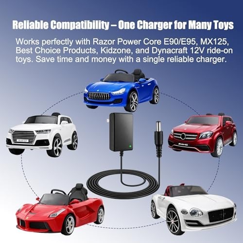 12V Ride On Toy Charger, 5.5mm x 2.1mm Round Plug, 6.6FT Cable | For 12V ride-on