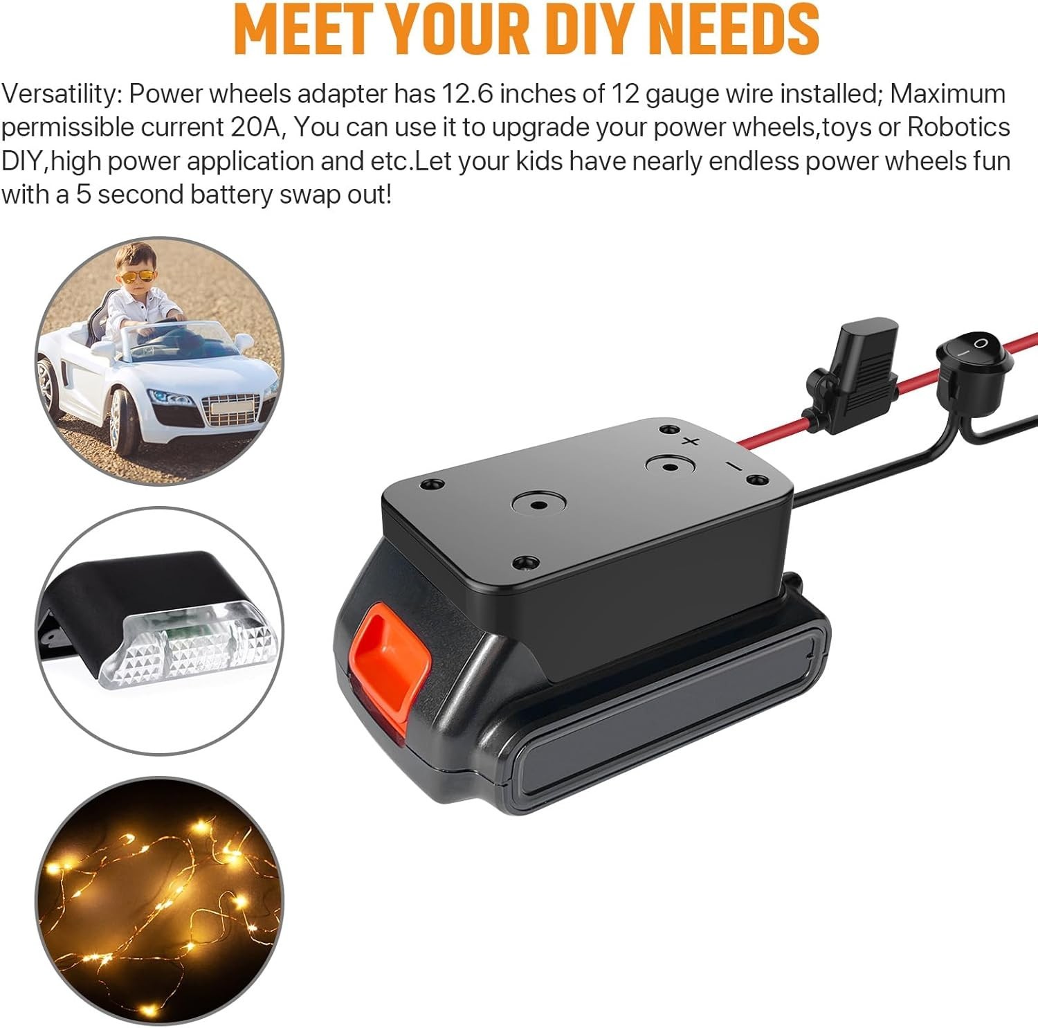 Secure Power Wheel Battery Adapter – Easy Install with Fuse & Switch Included