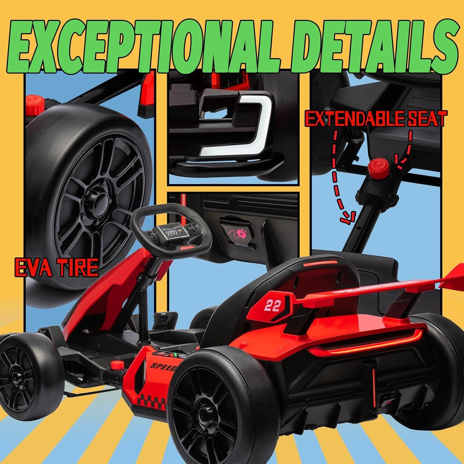 Electric Drift Kart, Adjustable Seat, 24V Outdoor Toy 4 Speed, Kids 6-12 Years