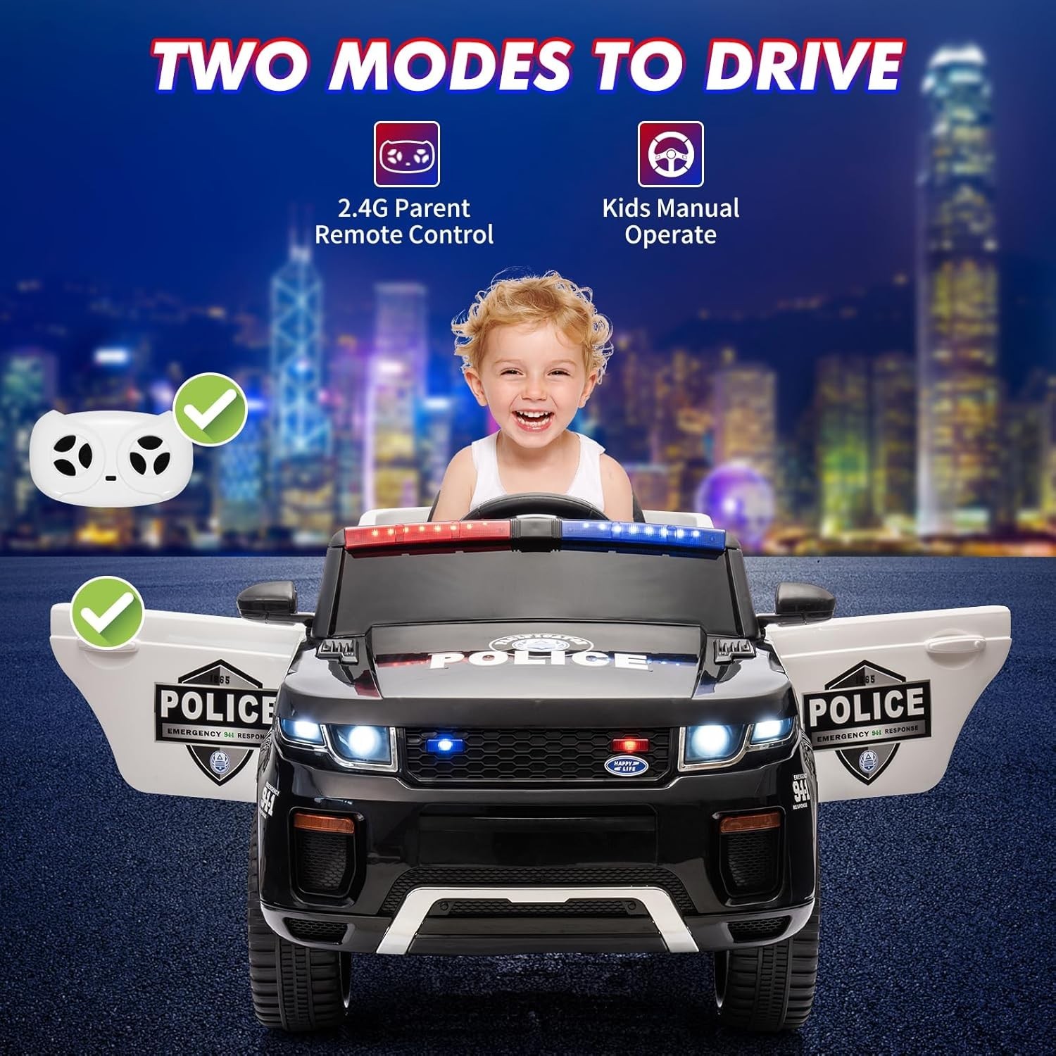 12V Kids Ride On Police Car with Remote Control Electric Police Car