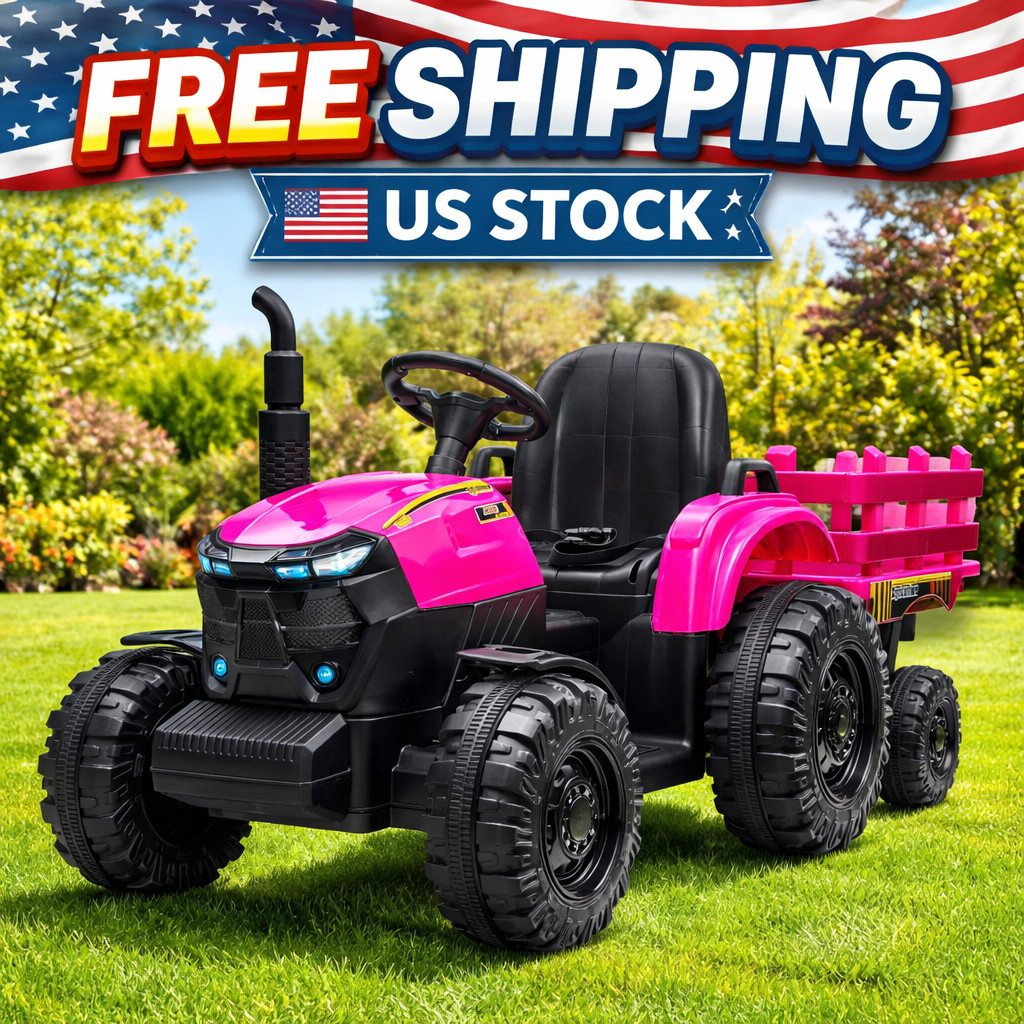 12V Electric Tractor with Detachable Trailer, Toddler Ride On Car/7-LED Headligh