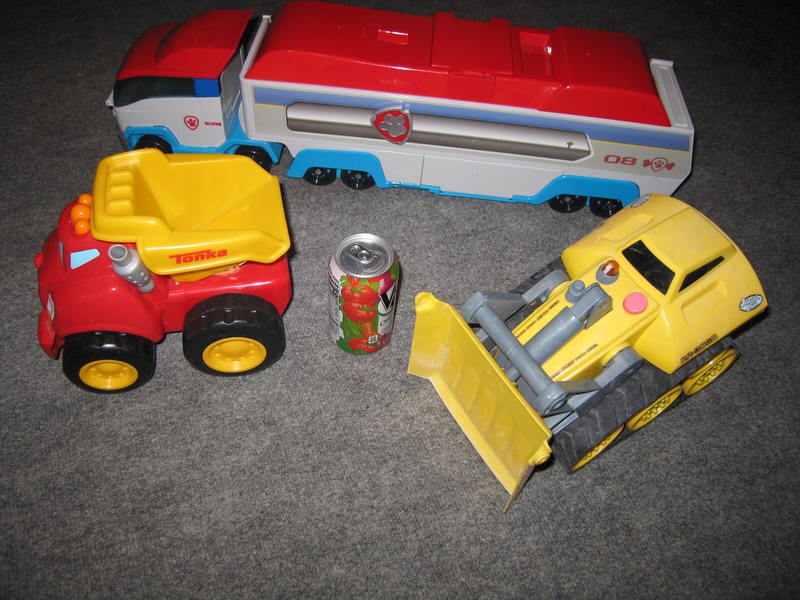 Paw Patrol W/ damage windshield plus 2 more. Tonka. Lot of three toy trucks.