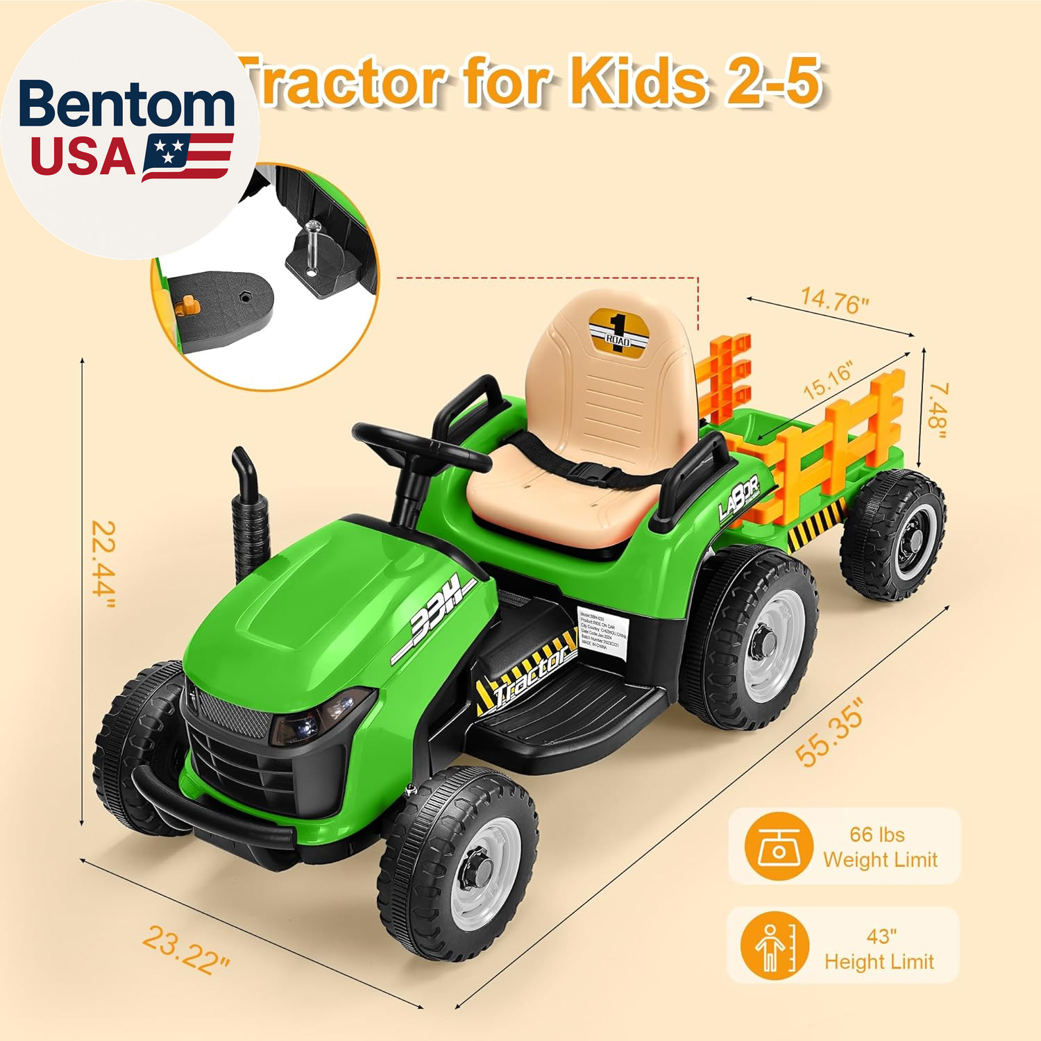 12V 7AH Ride on Tractor W/Tiltable Trailer & Remote Control, 2X45W Motors, Bluet