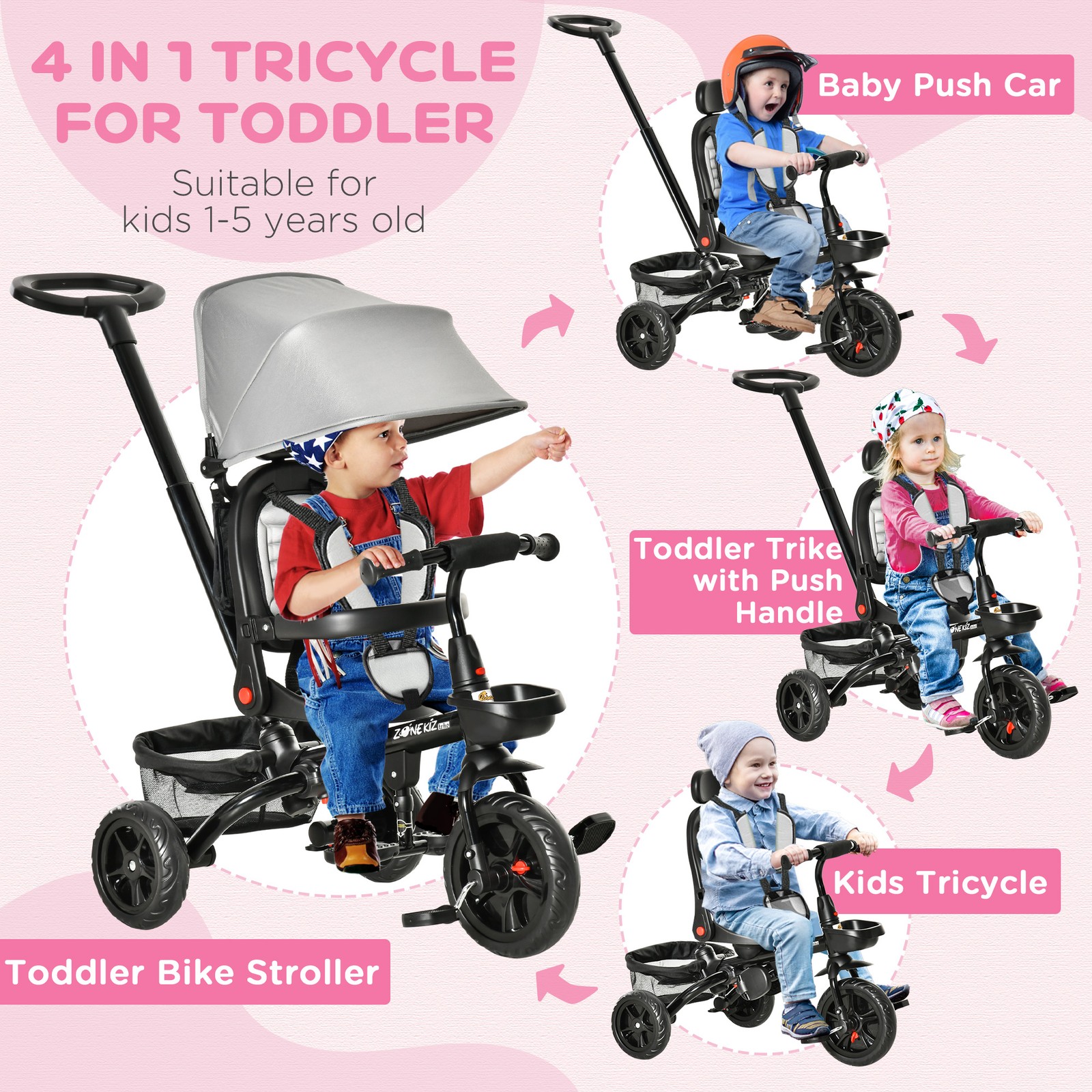 Kids Tricycle 4 in 1 Trike with Reversible Seat, Gray