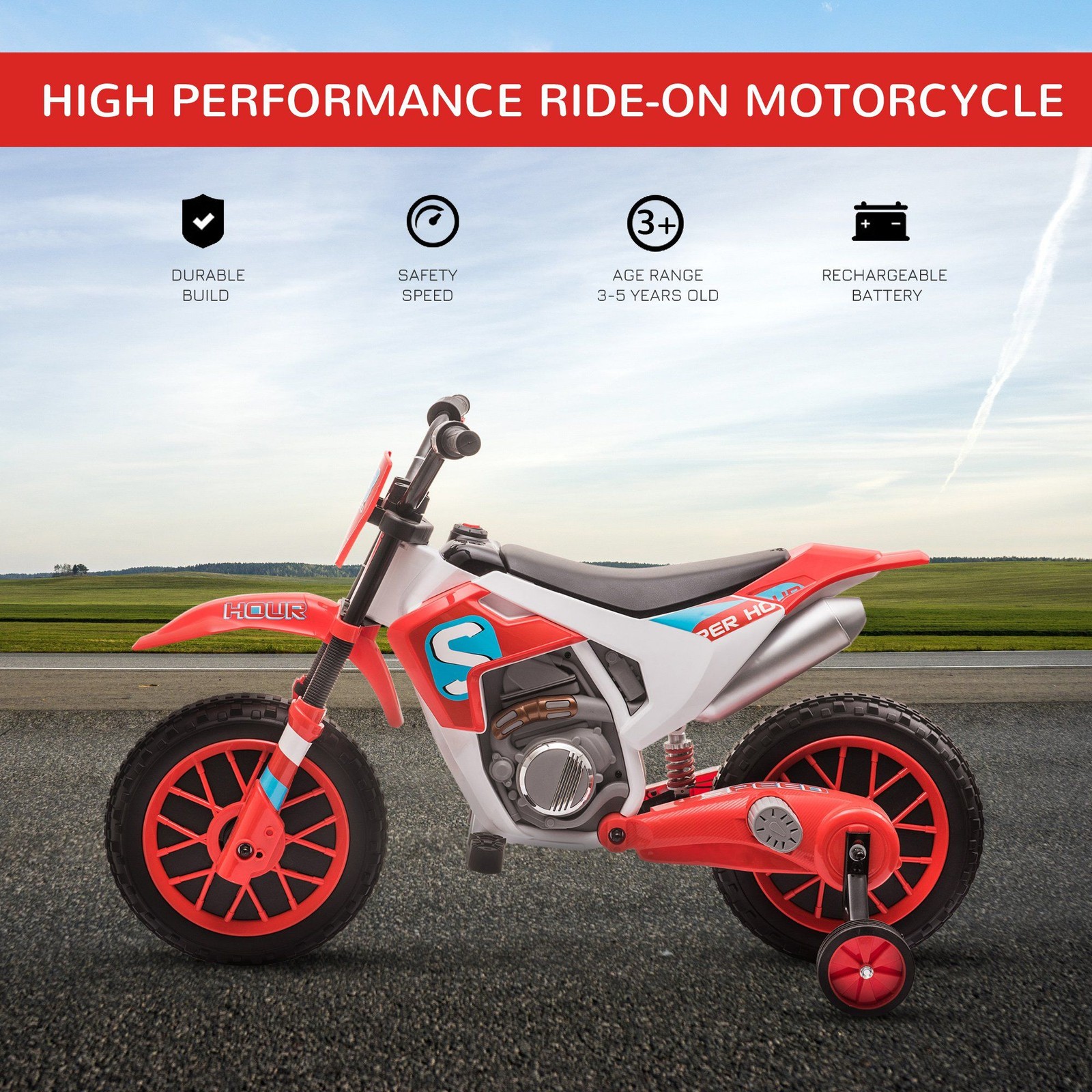 12V Powered Kids Ride-On Motorcycle 42 Length 20.25 Width Red