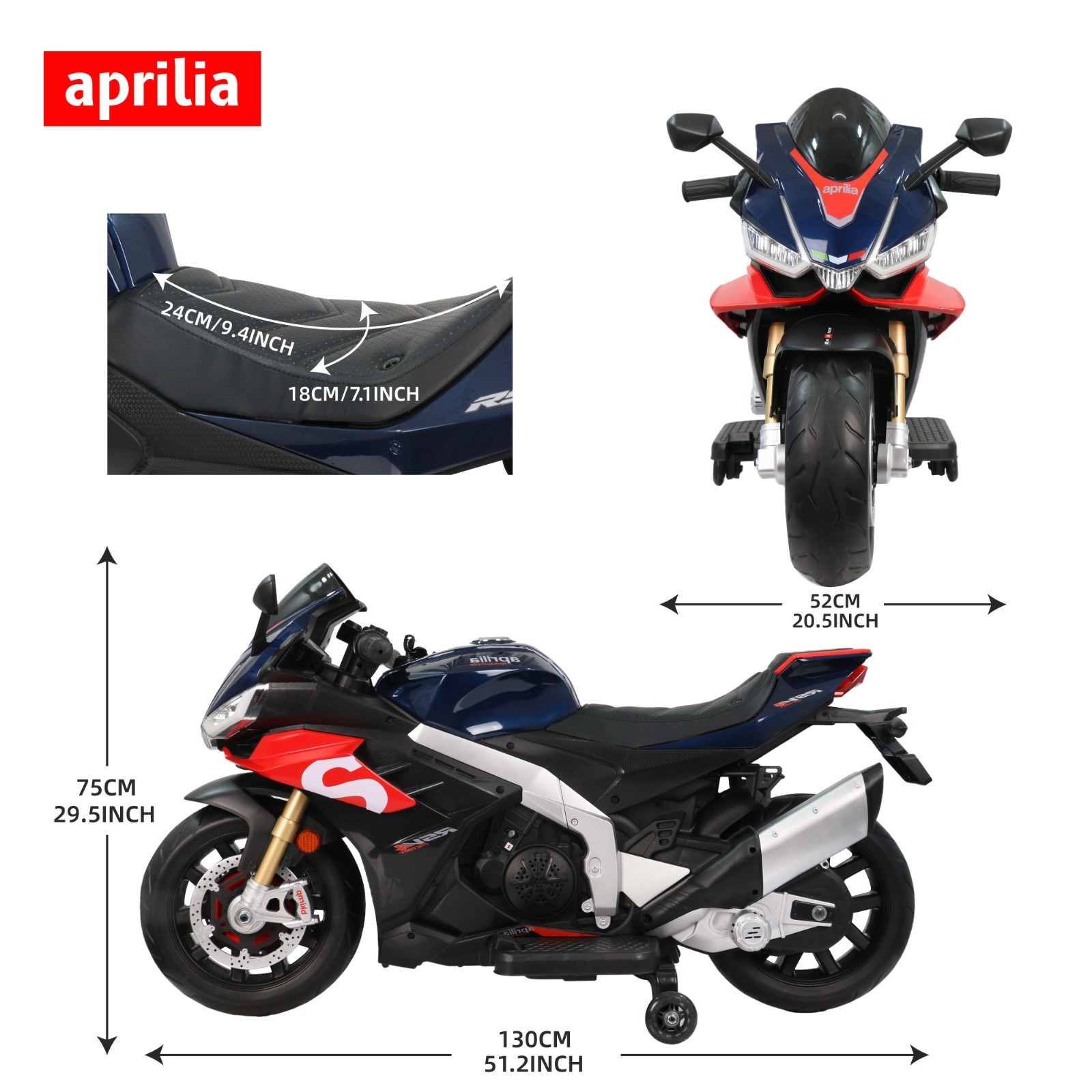 Blue Aprilia 24V Kids Electric Motorcycle 6mph Dirt Bike Ride on Toy w/Bluetooth