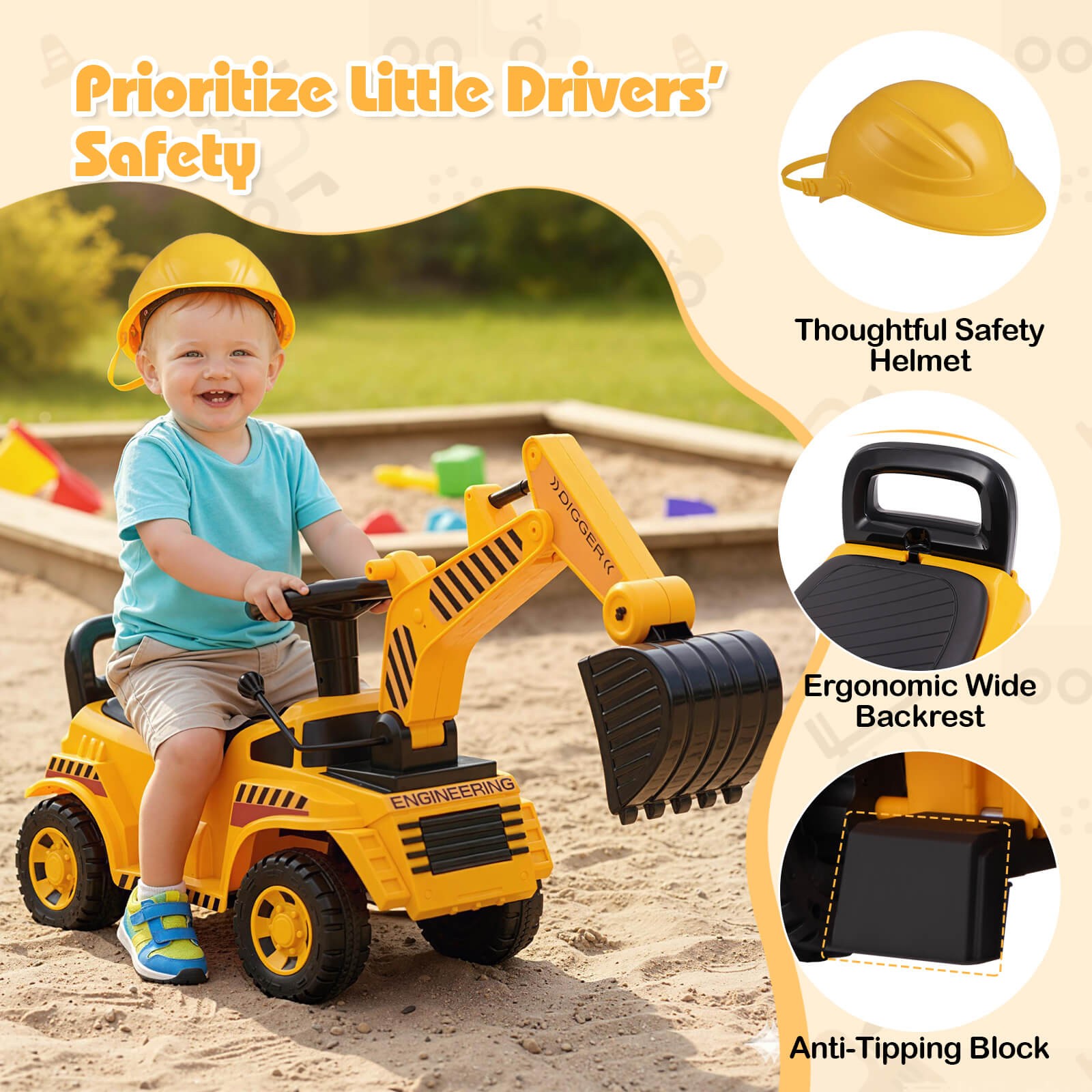 Kids Ride on Excavator with Adjustable Shovel Anti-Tipping Block Engine Sound