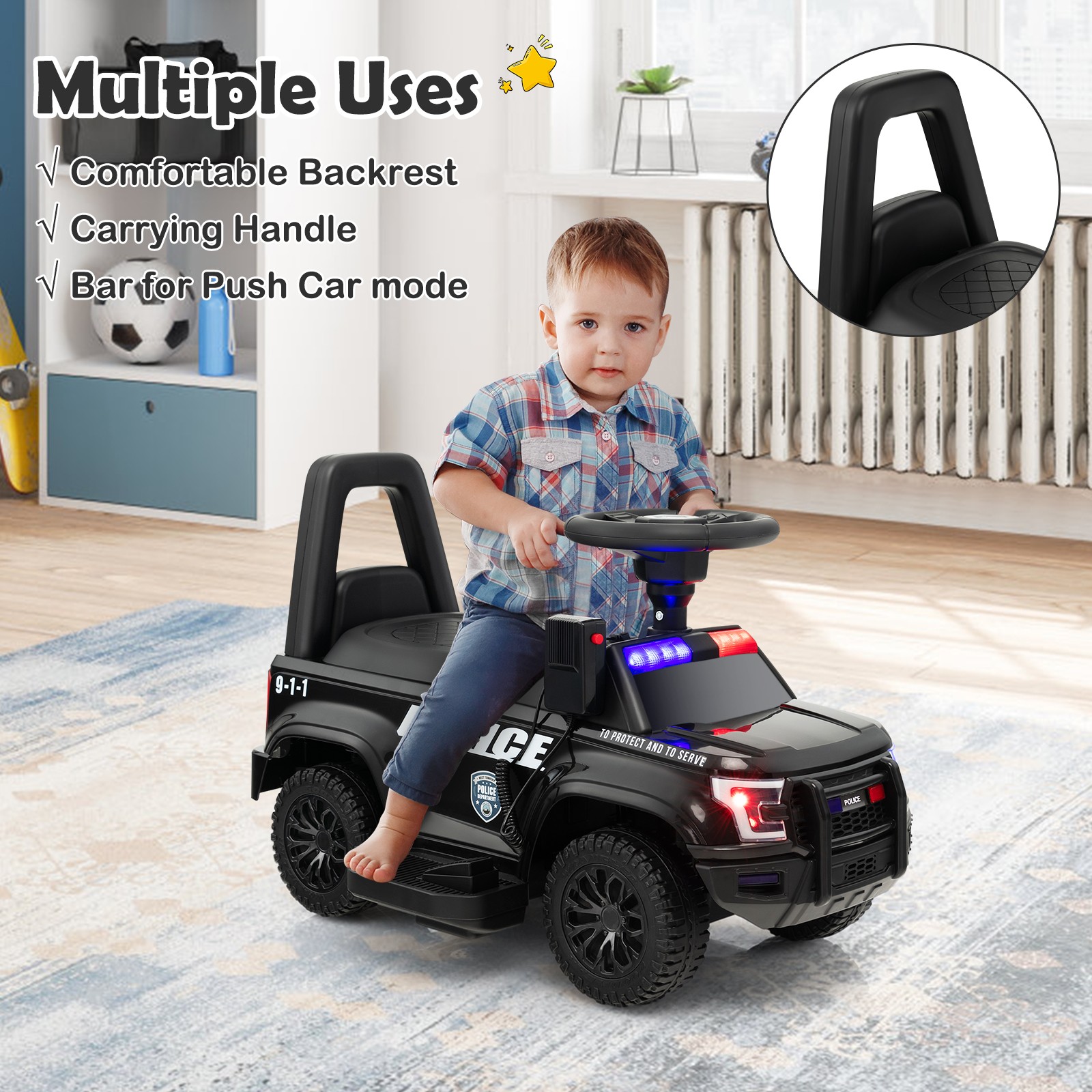 Kids Ride On Police Car 6V Battery Powered Electric Toy Vehicle w/Real Megaphone