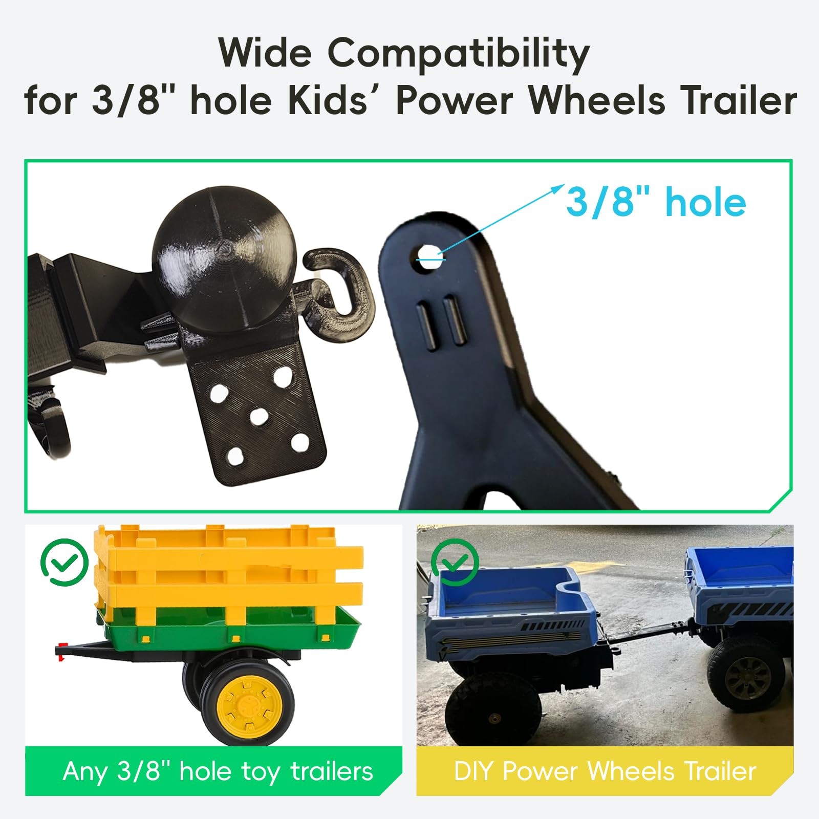 Kids Trailer Hitch Adapter for 3/8″ Power Wheels Ride On Toys