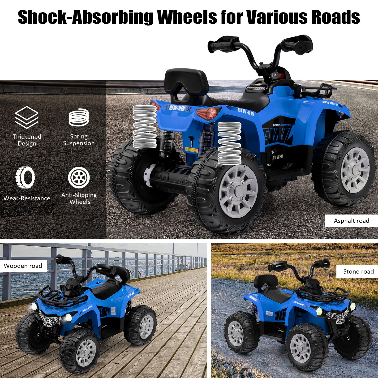 12V 2 Speeds Kids Ride ATV Electric 4-Wheeler Quad w/ Mp3 & Headlights Blue