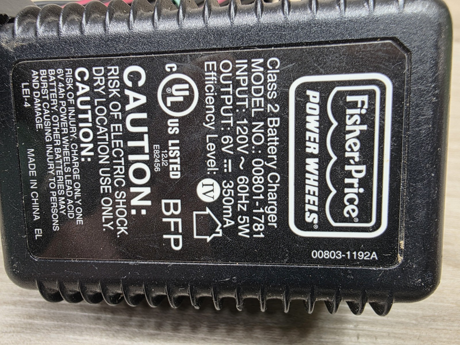 Genuine Fisher Price Power Wheels 00803-1192A Class 2 Battery Charger 6V Oem