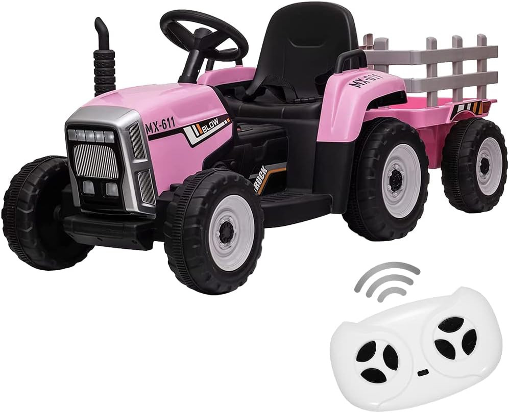 12V Kids Battery Powered Electric Tractor with Trailer, Toddler Ride on Car with