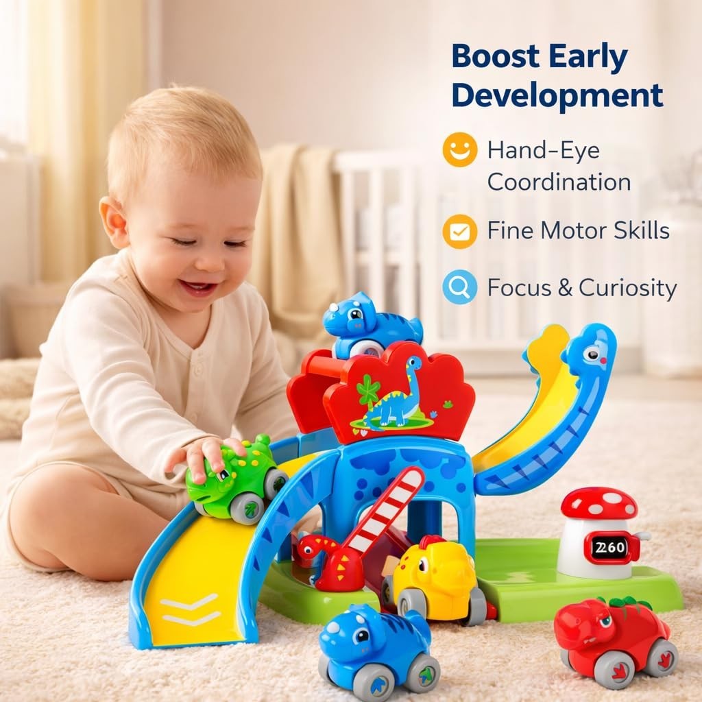 Dinosaur Car Ramp Toy for Toddlers 1-3, Drop & Go Racer with 4 Mini Cars, Educat