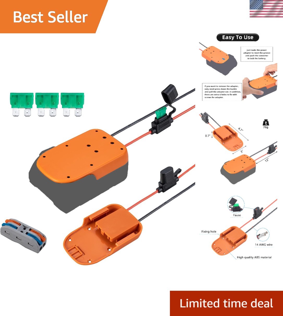 Safe and Easy 18V Adapter for Power Wheels with Fuse & 14 AWG Wire Terminals