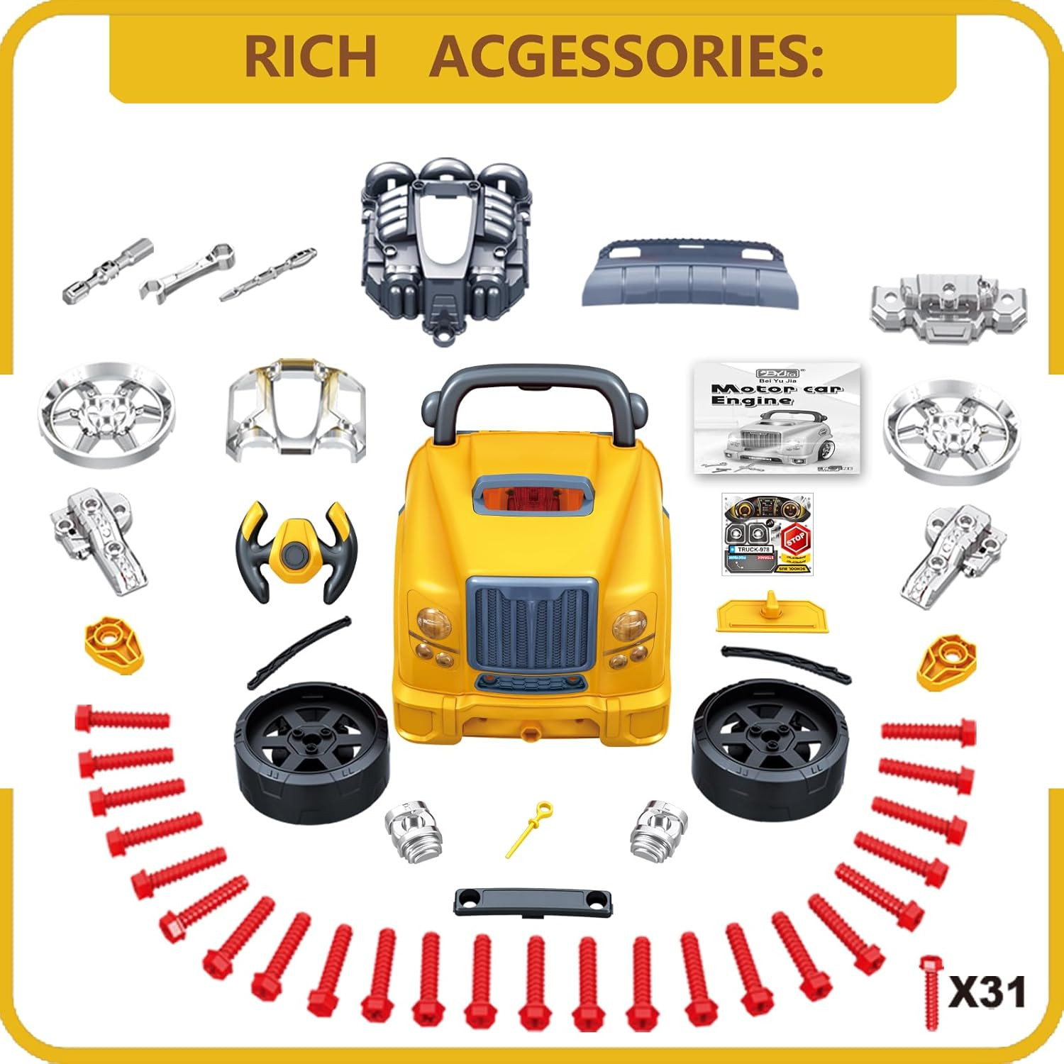 Large Truck Engine Toy for Kids 3-5, Take Apart Motor Vehicle Pretend Play Car w