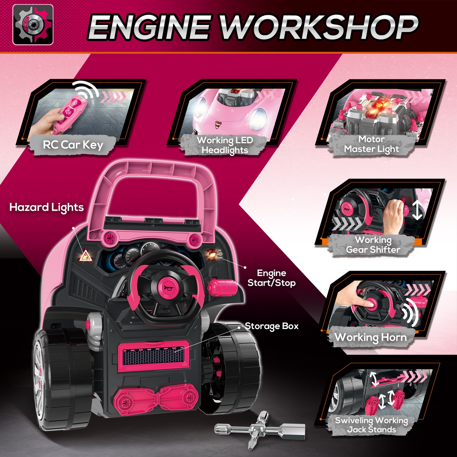 Mechanic Kids Truck Engine Toy Set, Car Service Play Set, Pink