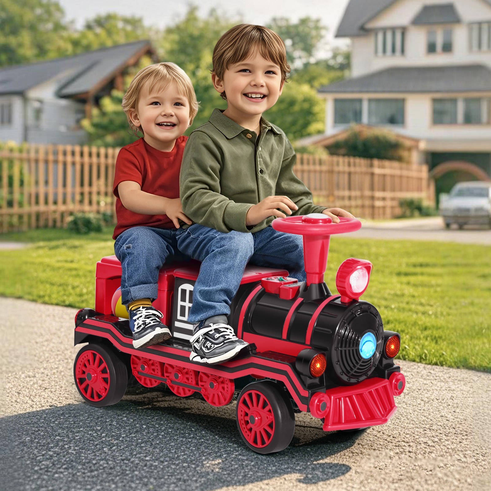 Large 2-Seater Red 12V Battery Kids Ride On Train w/2 Speed,Music,Lights,Storage