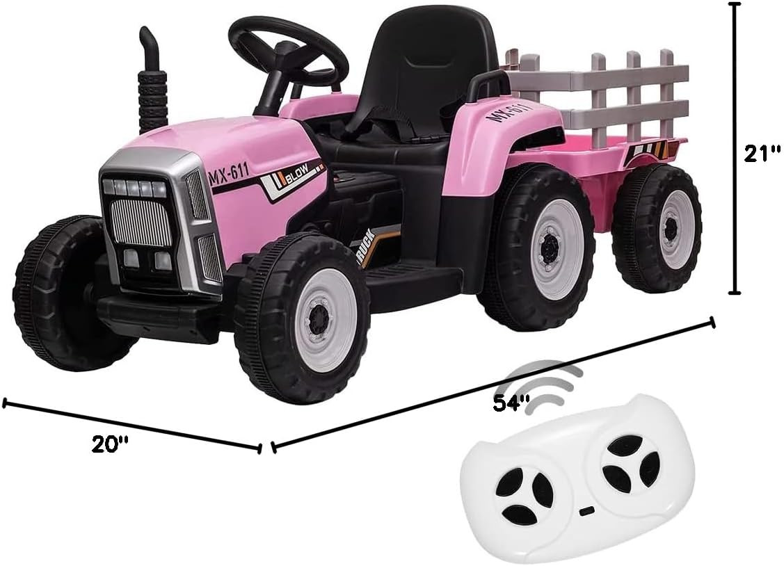 12V Kids Battery Powered Electric Tractor with Trailer, Toddler Ride on Car with