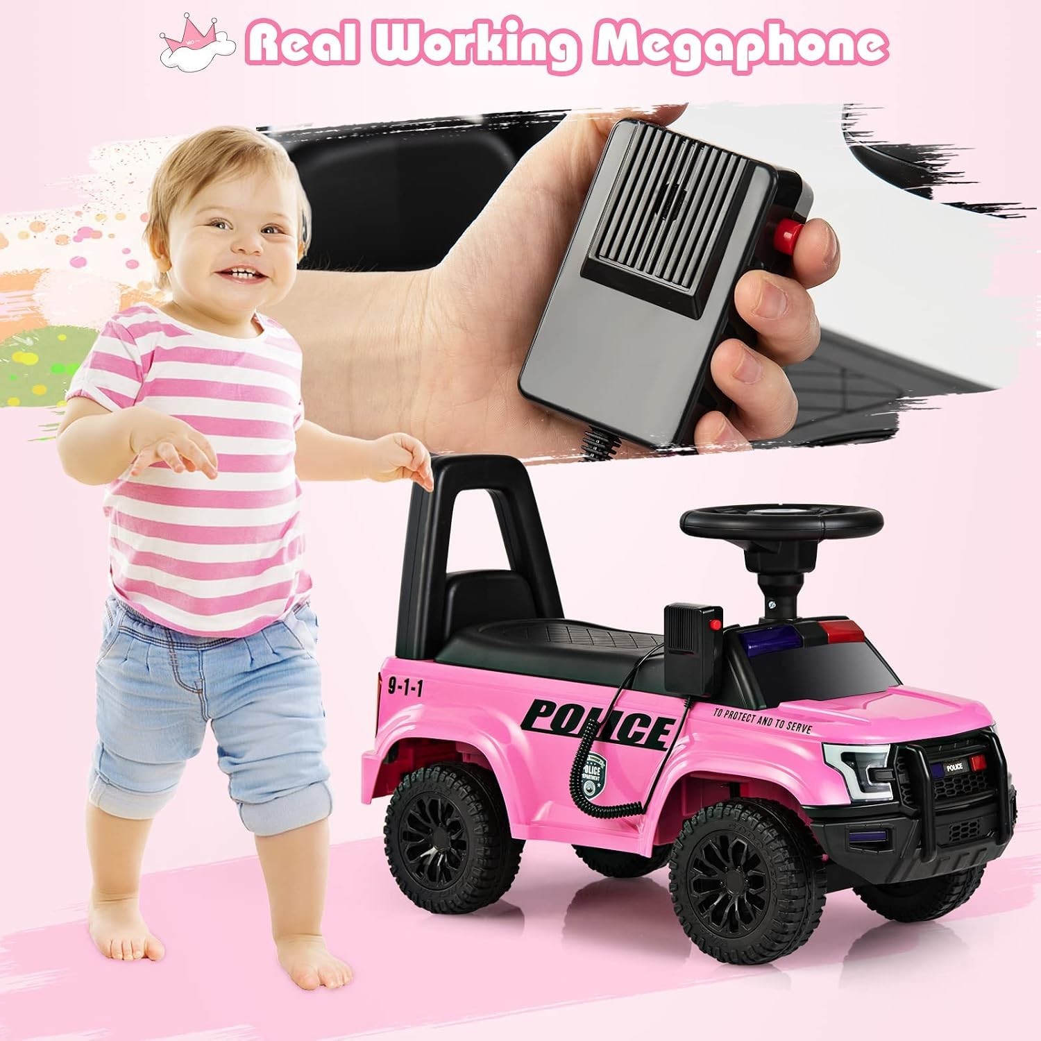 Kids Pink Police Ride On Car: Steering, Siren, Storage, 55lb Max Weight
