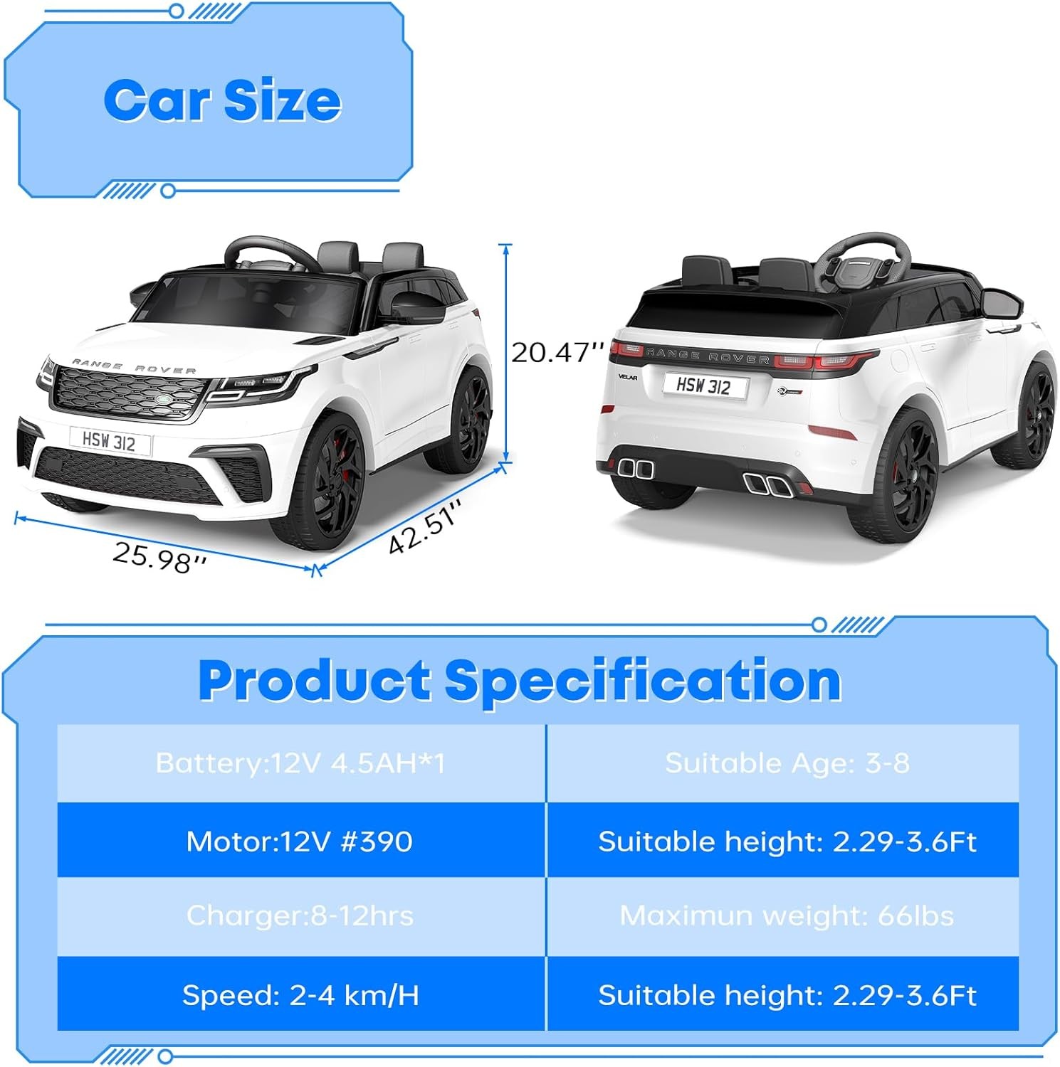 Kids Electric Car with Remote Control,4.5AH Battery,2 Motors,3 Control Modes