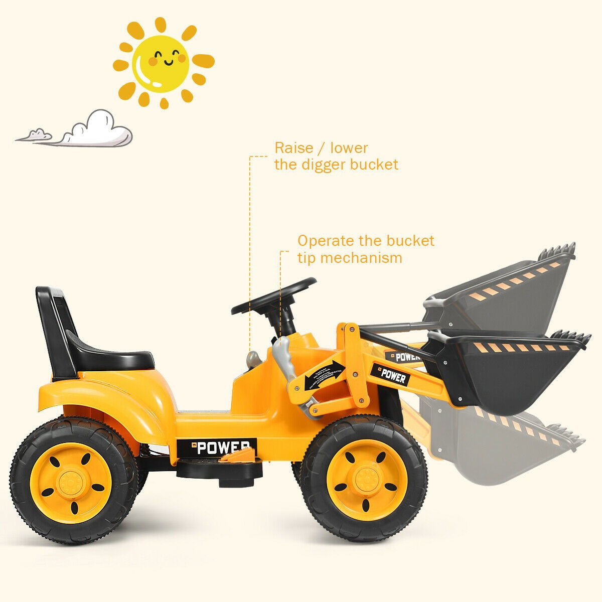 Kids Ride On Excavator Digger 6V Battery Powered Tractor W/Digging Bucket Yellow