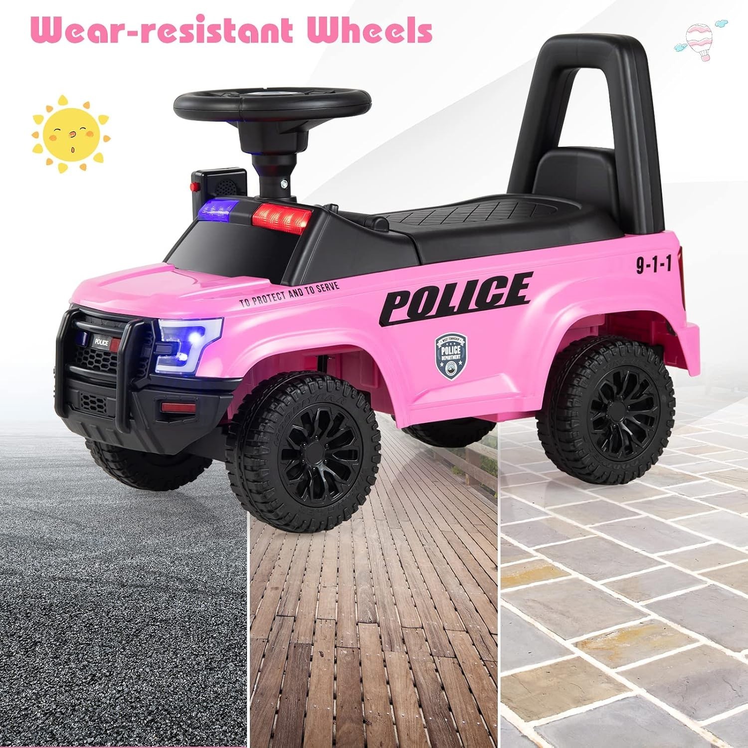 Kids Pink Police Ride On Car: Steering, Siren, Storage, 55lb Max Weight