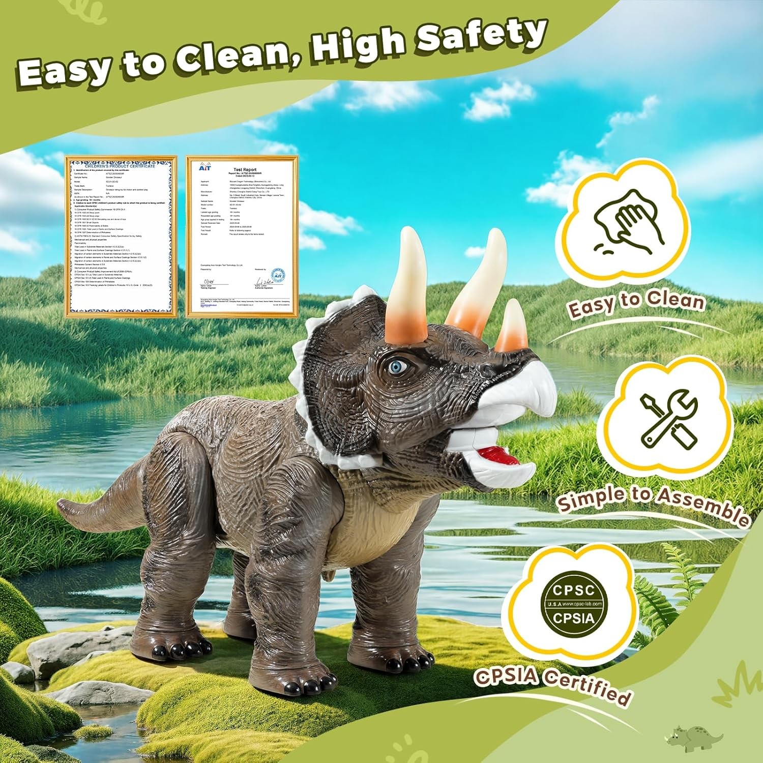 Dinosaur Ride on Toy Cars for Kids, Realistic Triceratops Push Car with Three So