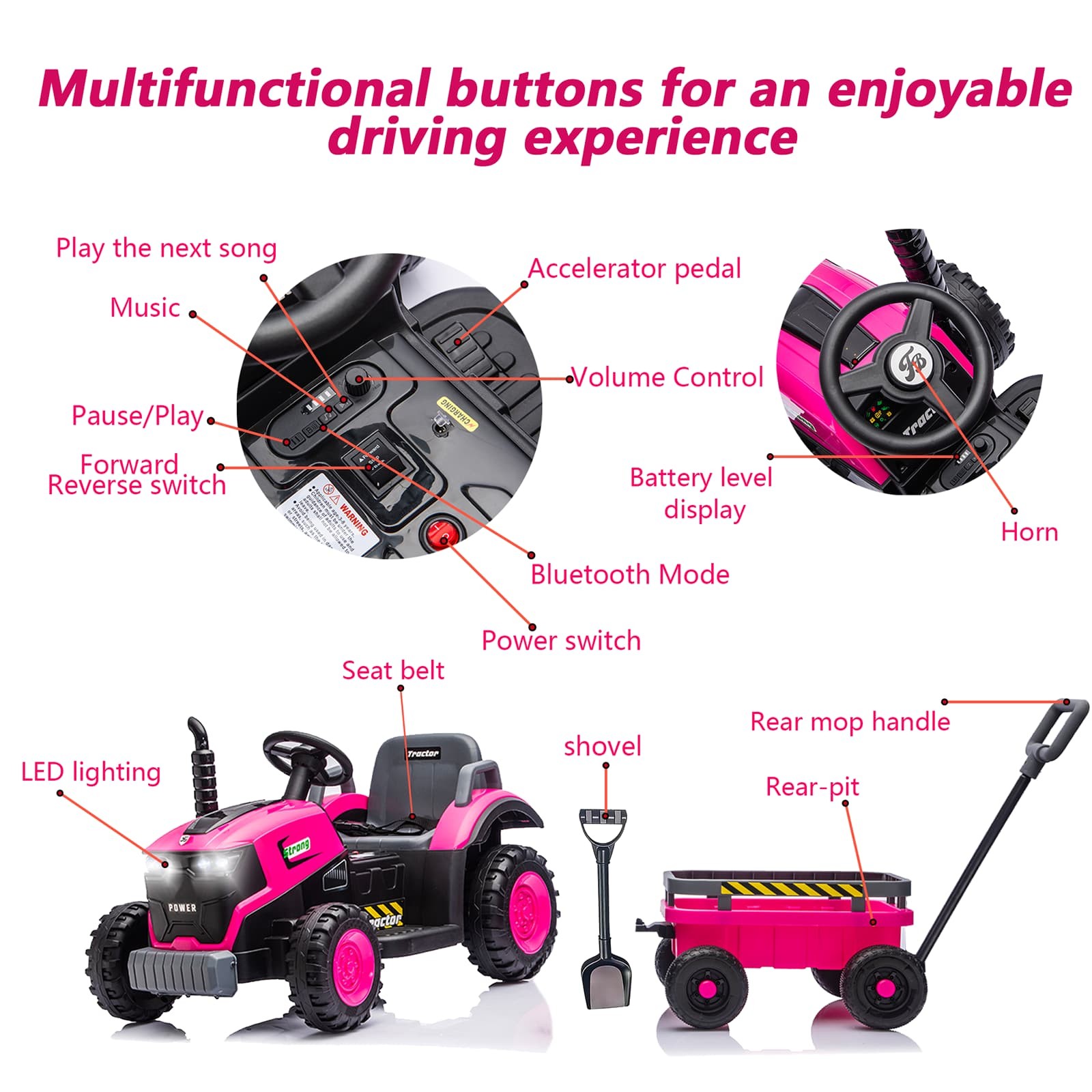 Kids Electric Farm Tractor Ride On Car 12V with Trailer Lights Music Age 3-6