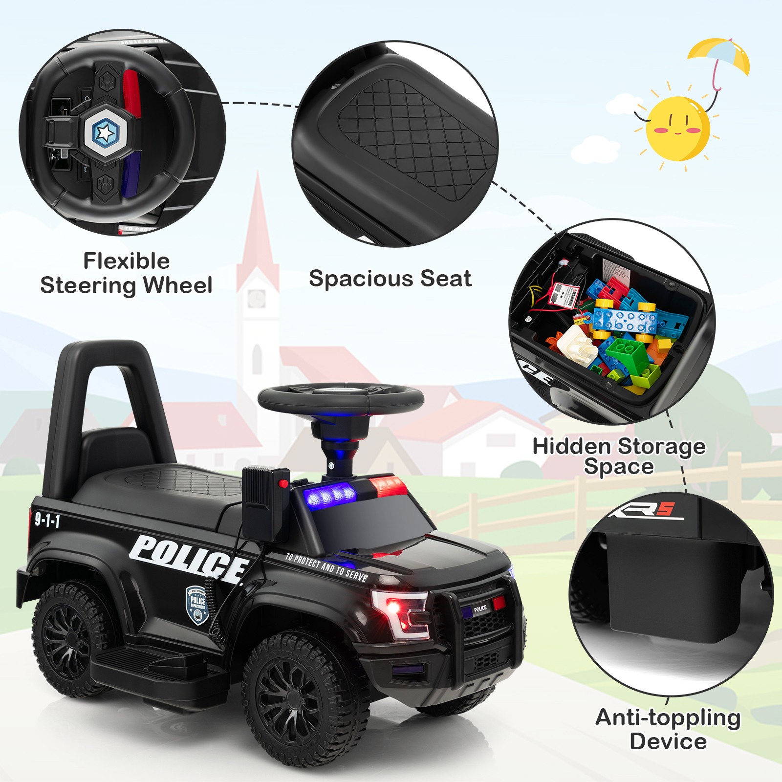 Kids Ride On Police Car 6V Battery Powered Electric Toy Vehicle w/Real Megaphone