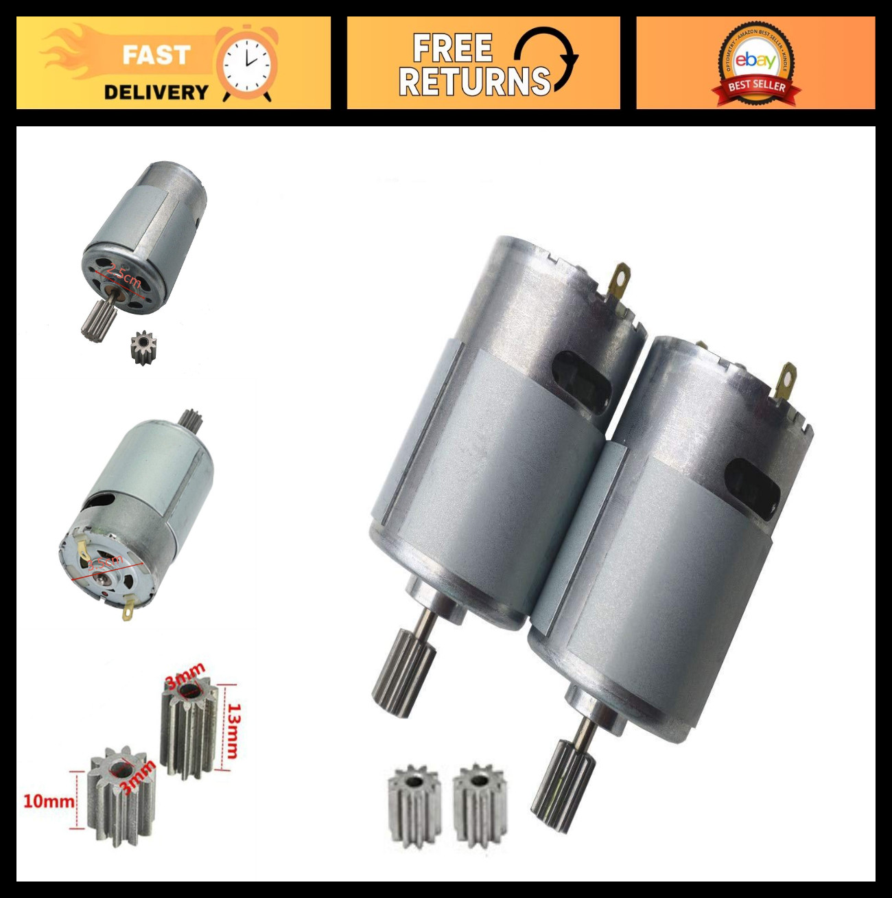 2 Pcs Universal 550 Electric Motor 15000RPM for Kids Ride-On Cars & Toys