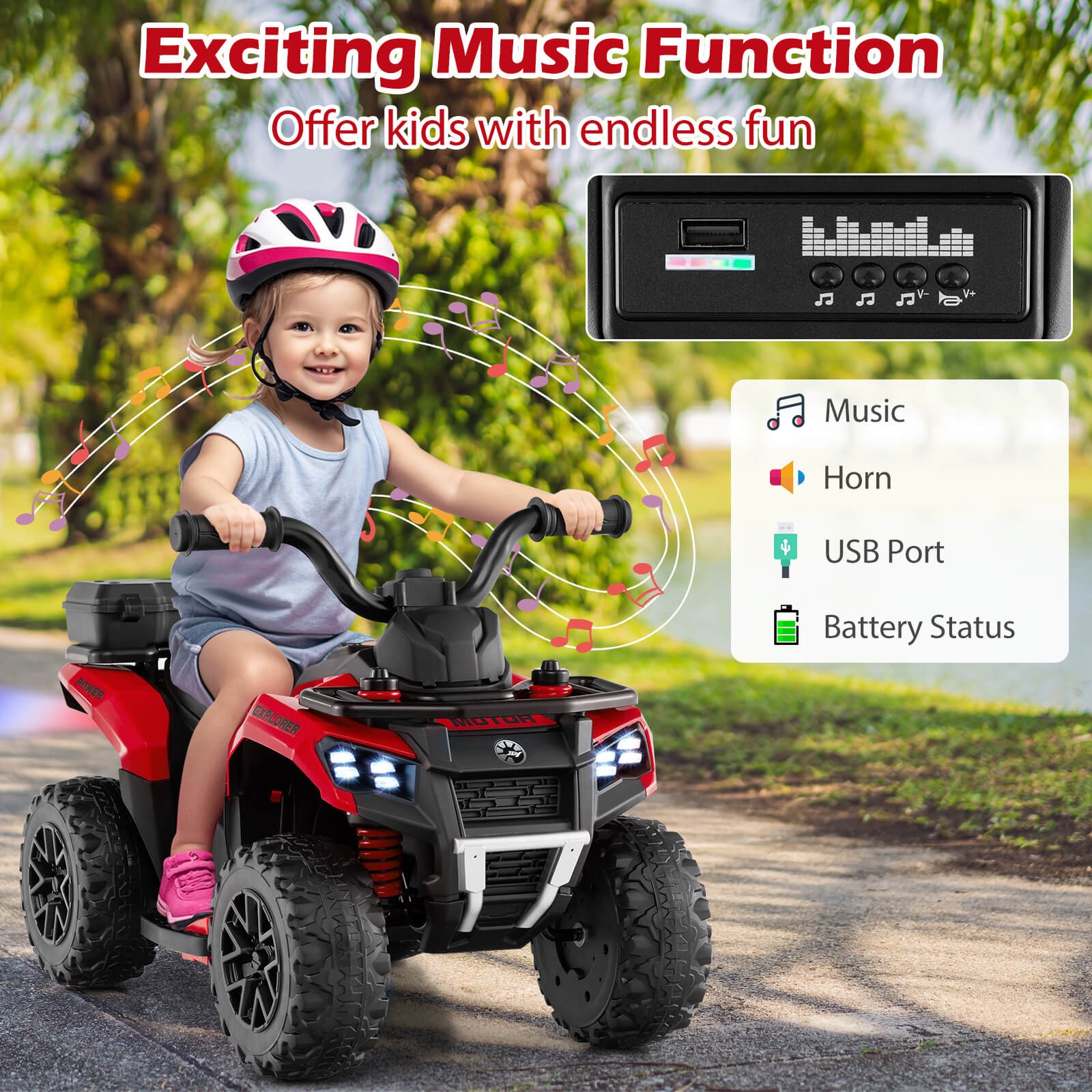 6V Kids Ride On ATV w/ Music & Spray Function USB Port Storage Box Toy Car