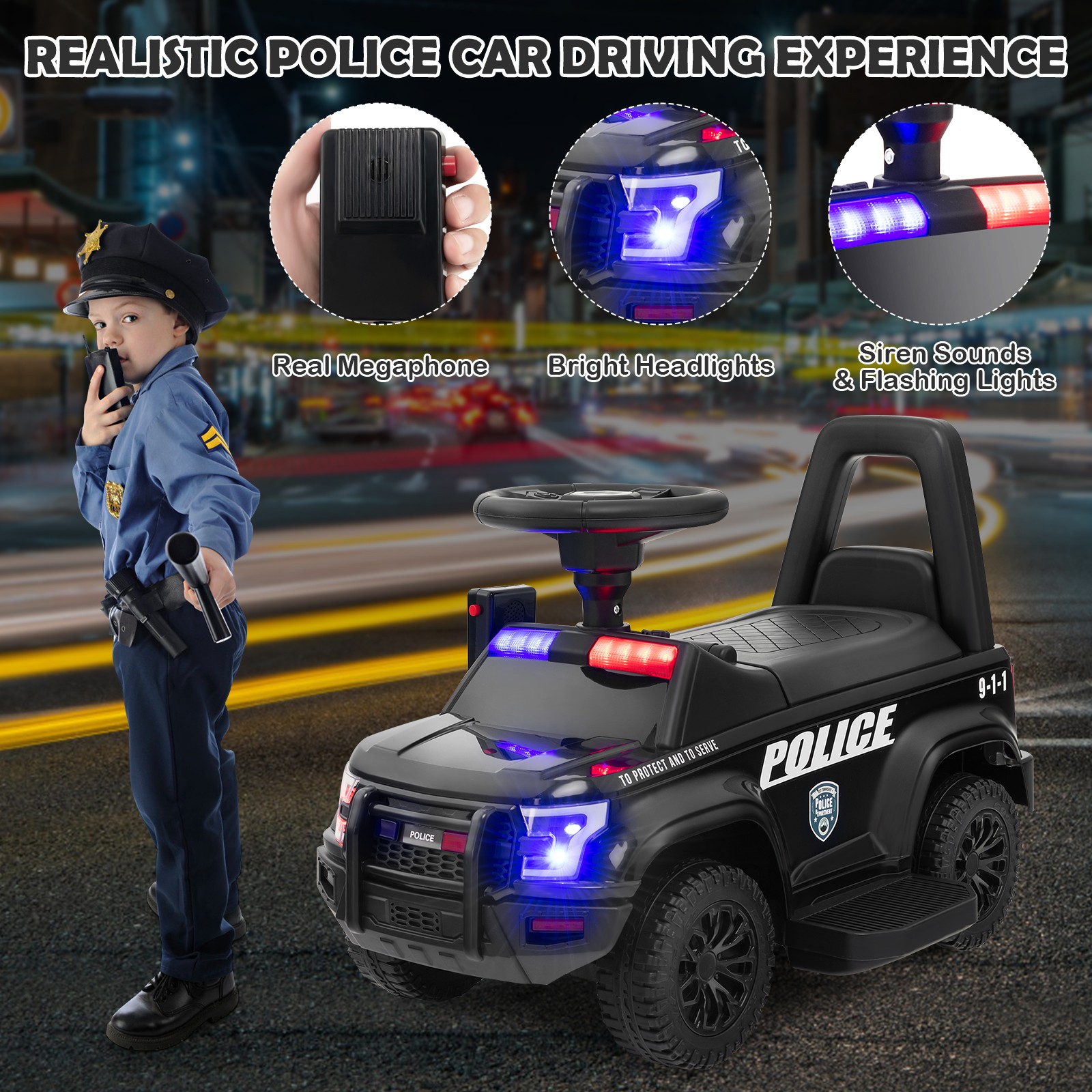Kids Ride On Police Car 6V Battery Powered Electric Toy Vehicle w/Real Megaphone