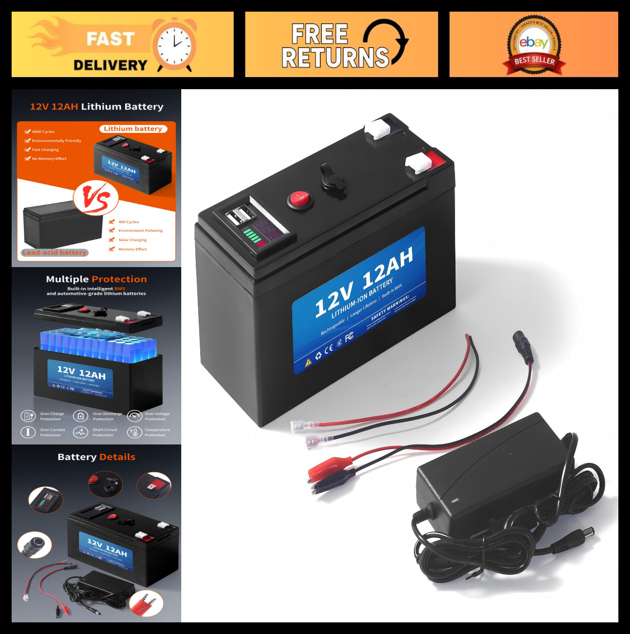 12V 12Ah Lithium Battery for Power Wheels, 2 USB Ports, 2A Charger, BMS Tech