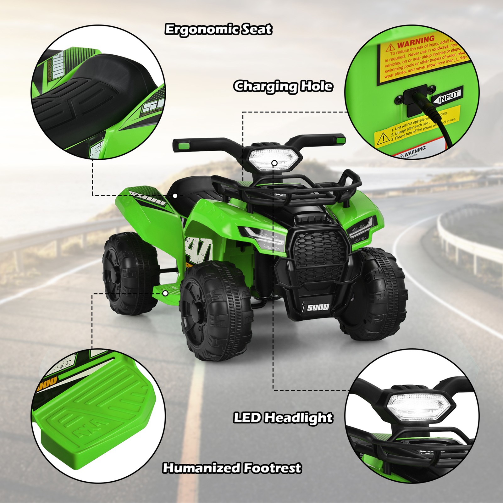 6V 4 Wheels ATV Quad Ride On Car Kids Ride-On Toy w/ Music Horn LED Light Green