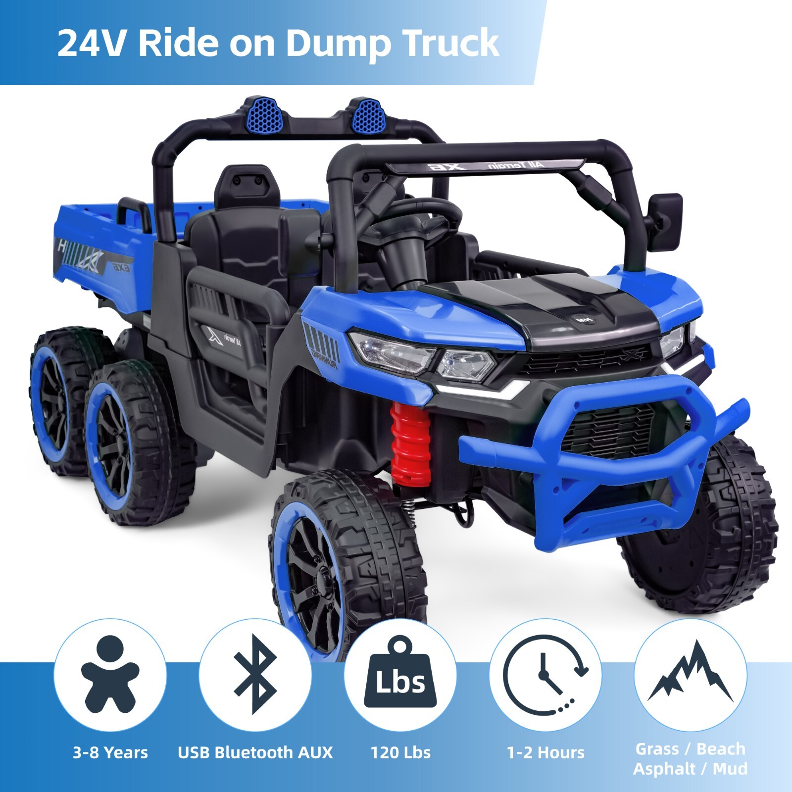 24V Kids Ride on Toy 2 Seater Electric Dump Car 6 Wheeler 6mph Truck with Remote