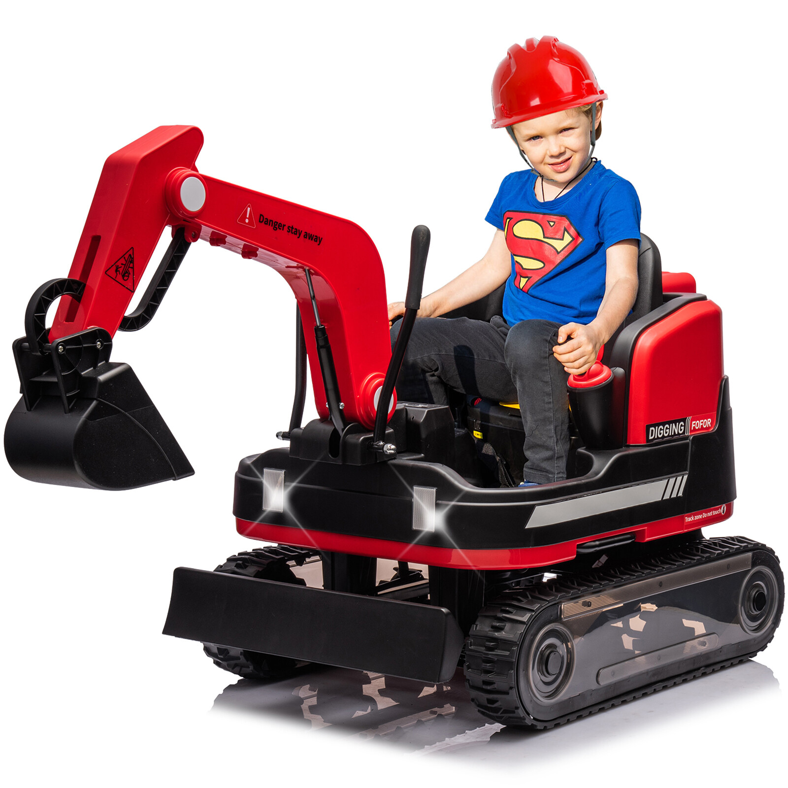 JOYLDIAS Red 12V12AH Battery Kids Ride On Caterpillar Excavator 360° w/ Remote