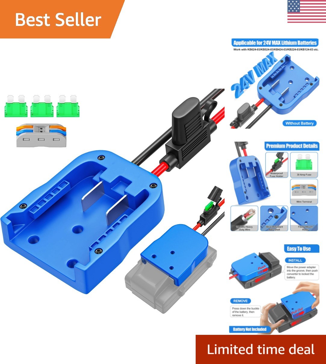 Power Wheels Battery Adapter for Kobalt 24V Max, 14 AWG with Fuse Protection