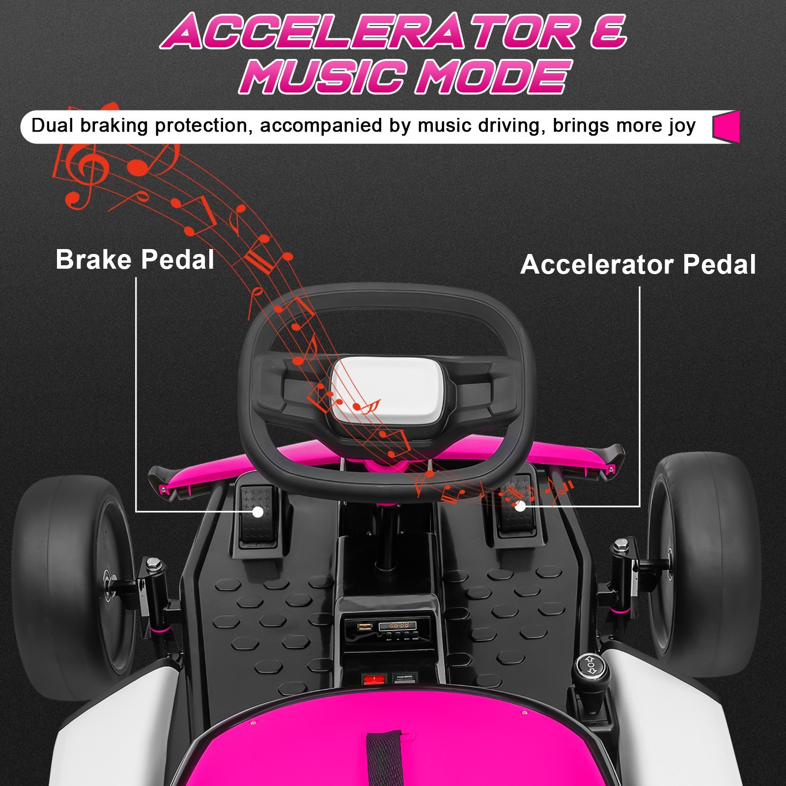 24V Kids Go Kart 400W Motor 3-5MPH Gravity Steering Bluetooth Spray Outdoor Toy