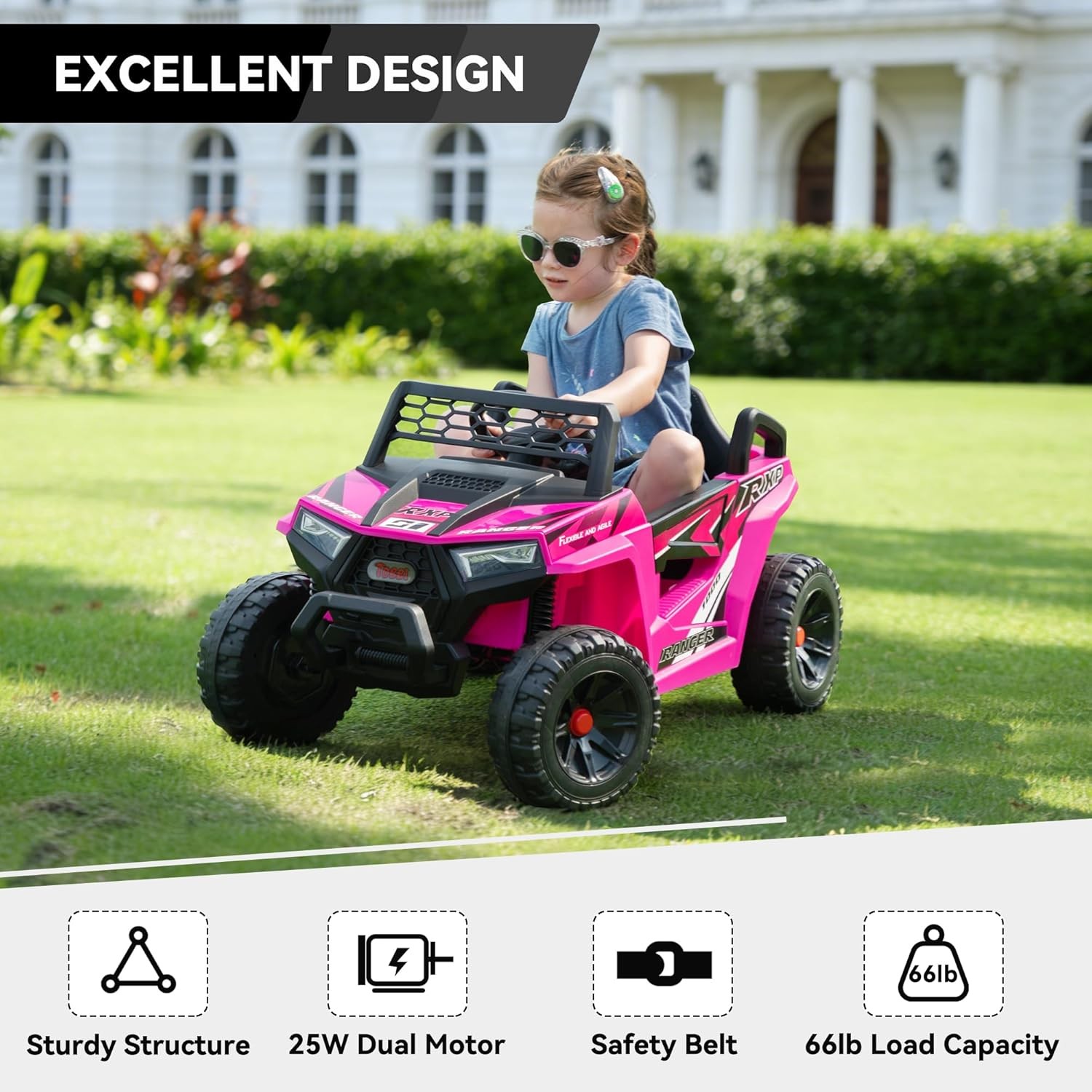 TOBBI 12V Kids Electric Ride on Car 2WD Off-Road UTV Truck w/ Music, Rose Red