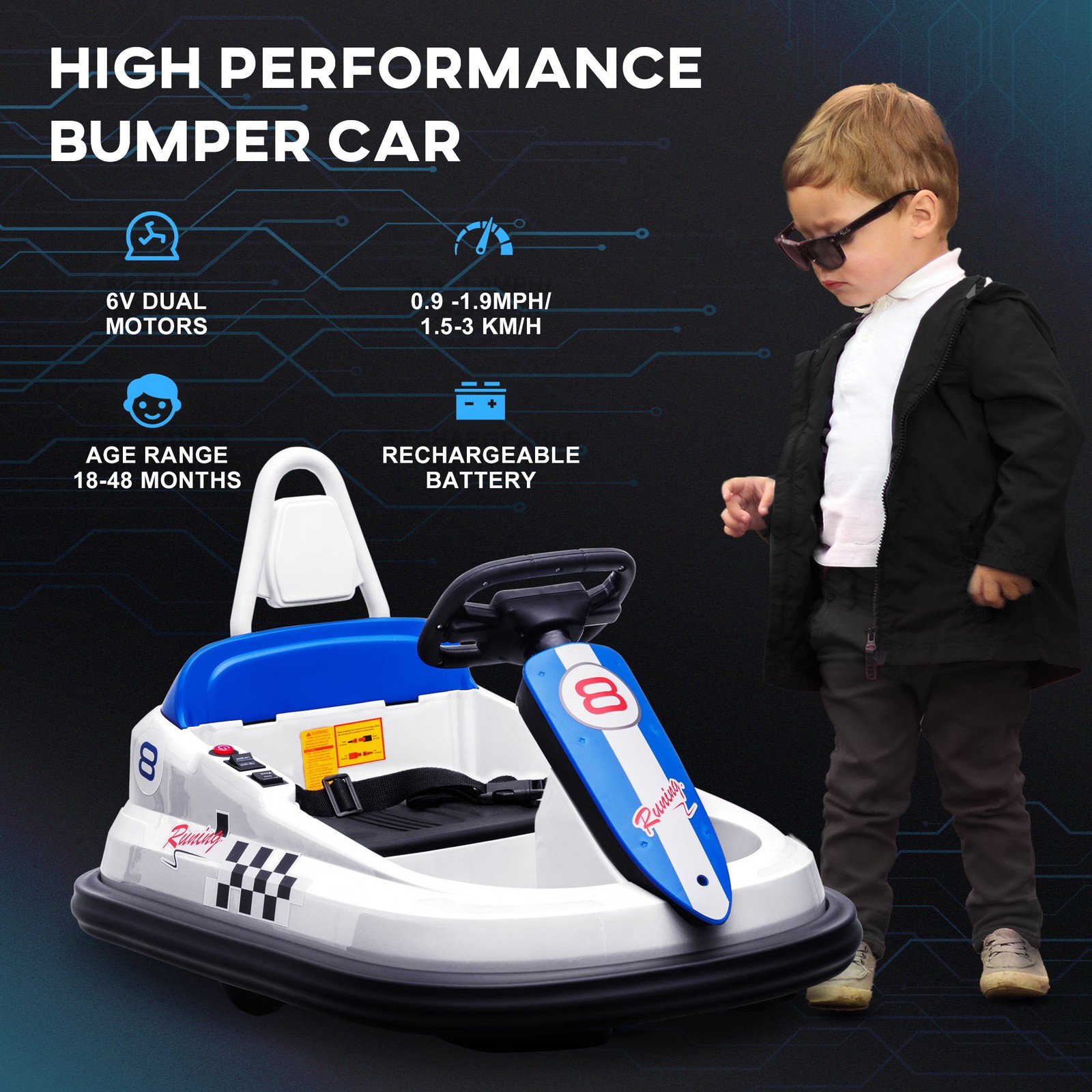Bumper Car for Kids, 360° Rotation 6V Electric Ride On Bumper White