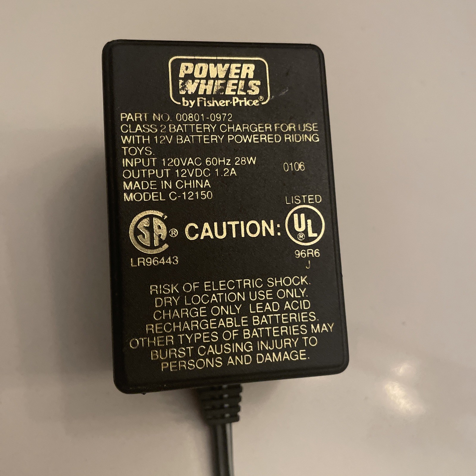 Fisher Price Power Wheels 00801-0972 Class 2 Battery Adapter Charger 12V OEM